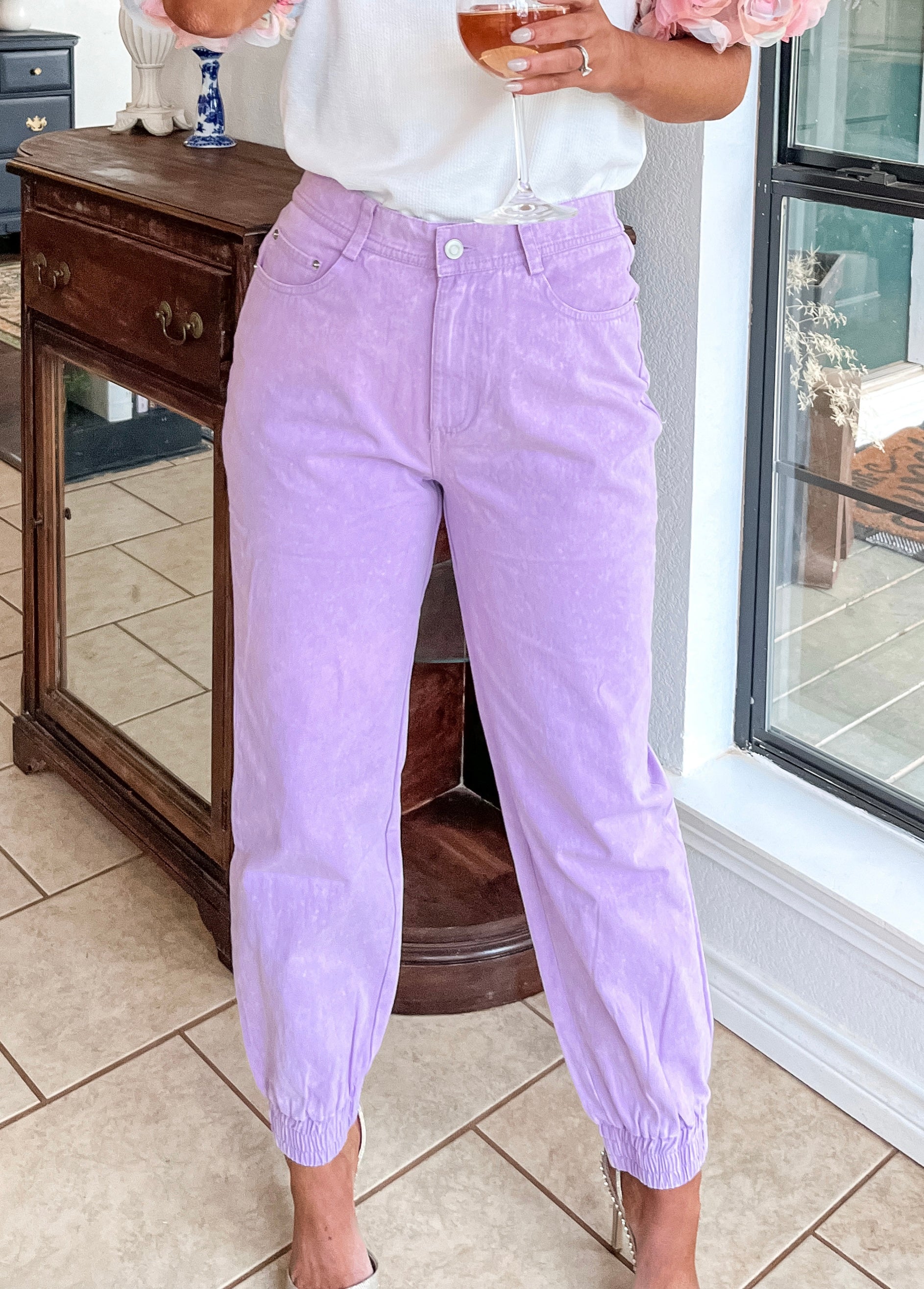 Acid Wash Denim Joggers - Lavender