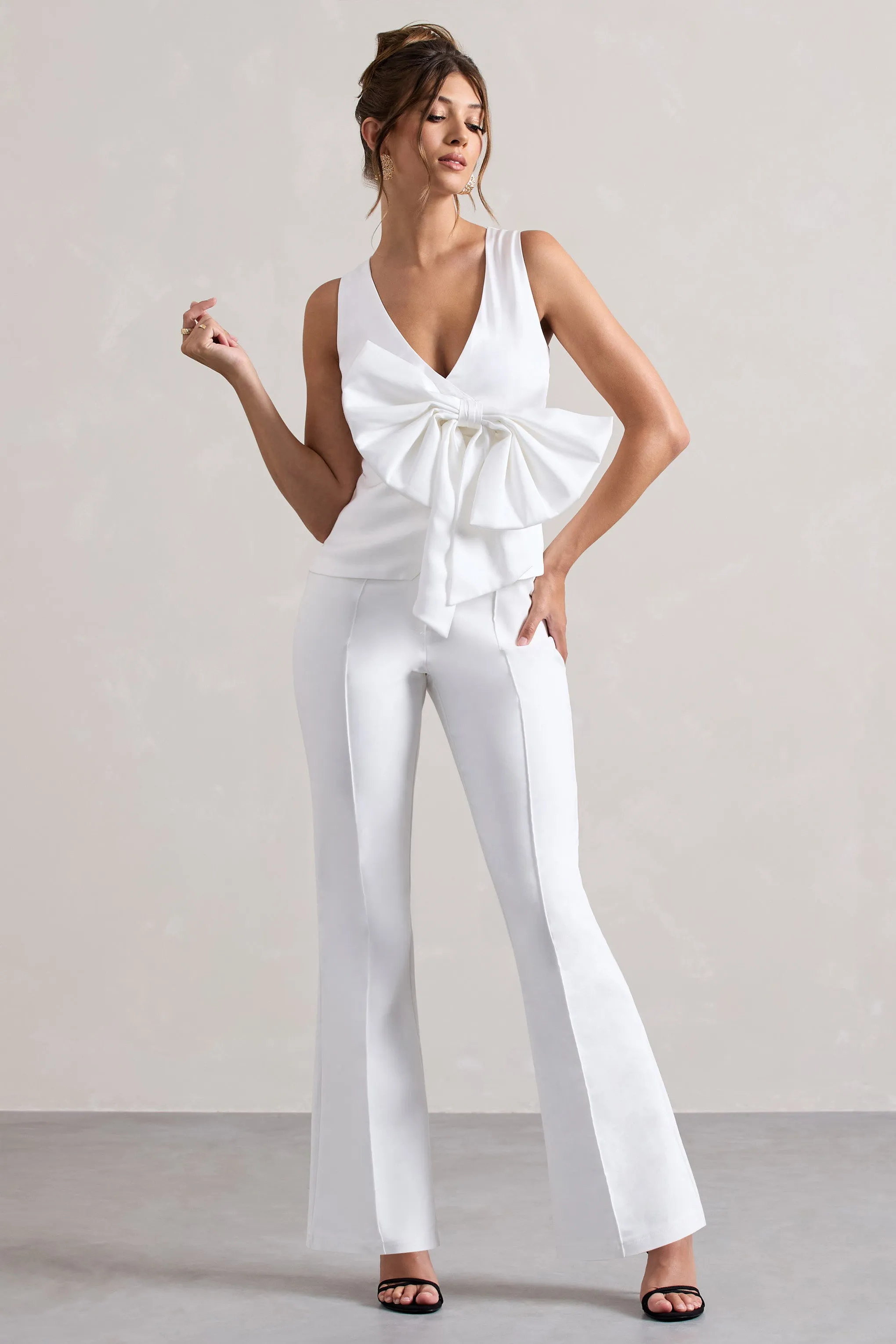 Adoration | Cream Satin Plunge-Neck Top With Bow