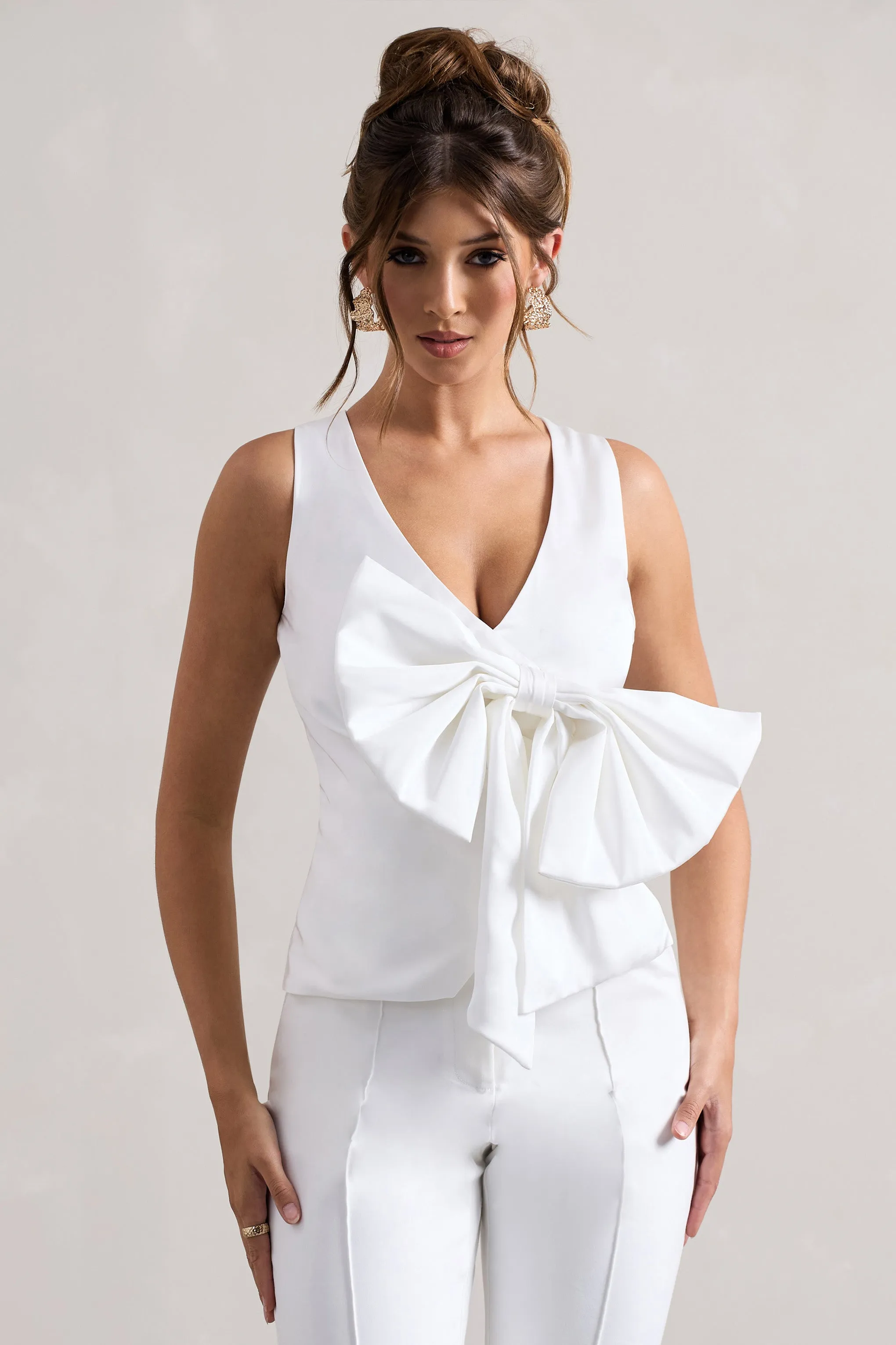 Adoration | Cream Satin Plunge-Neck Top With Bow