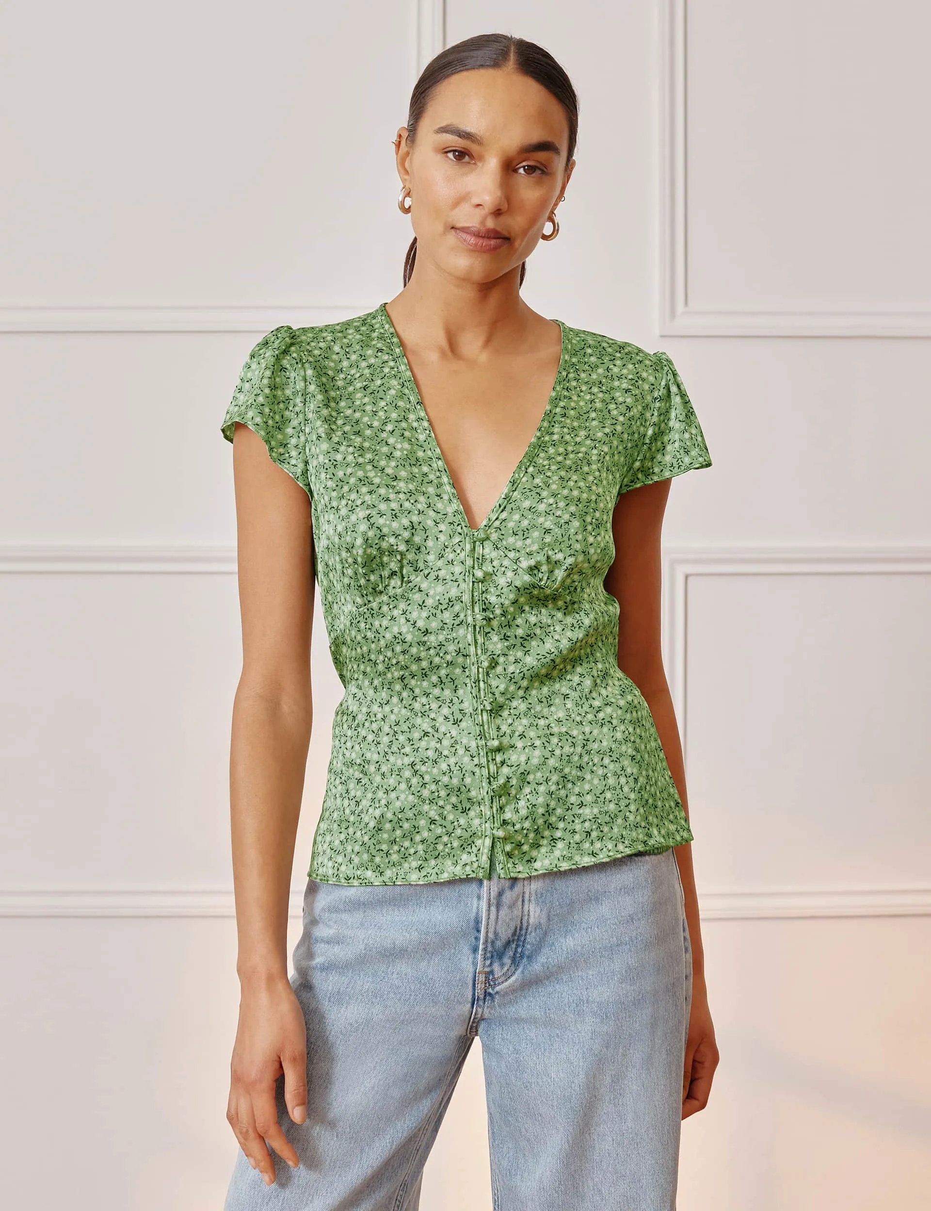 Albaray Women's Satin Ditsy Floral V-Neck Button Through Top - 10 - Green Mix, Green Mix