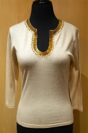 Armand Diradourian Gold Metal Sequined Trim Sweater