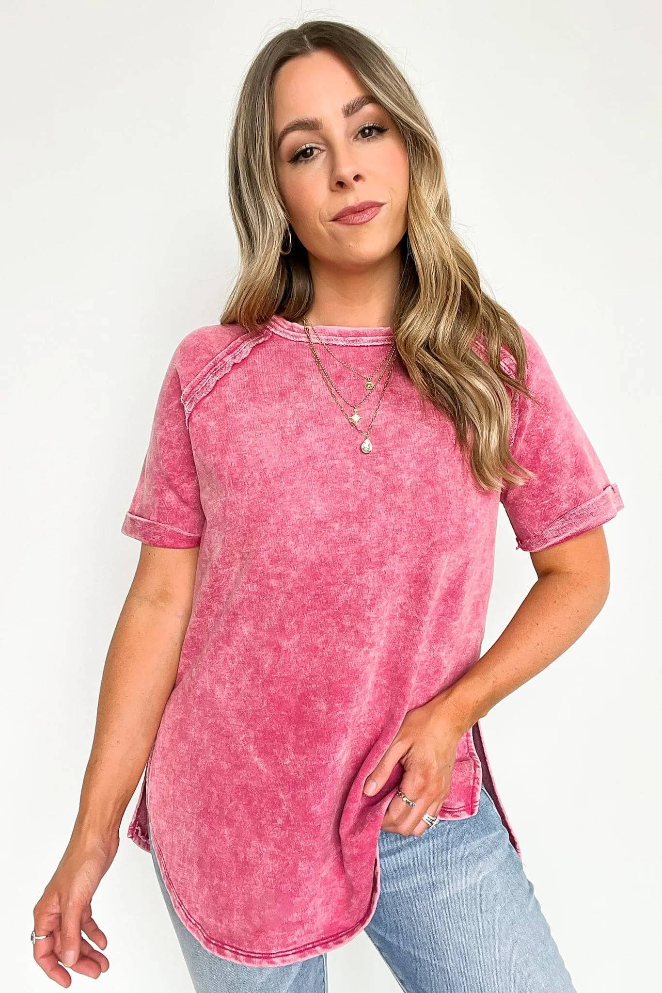 Ashlie Acid Wash Rolled Sleeve Top - BACK IN STOCK