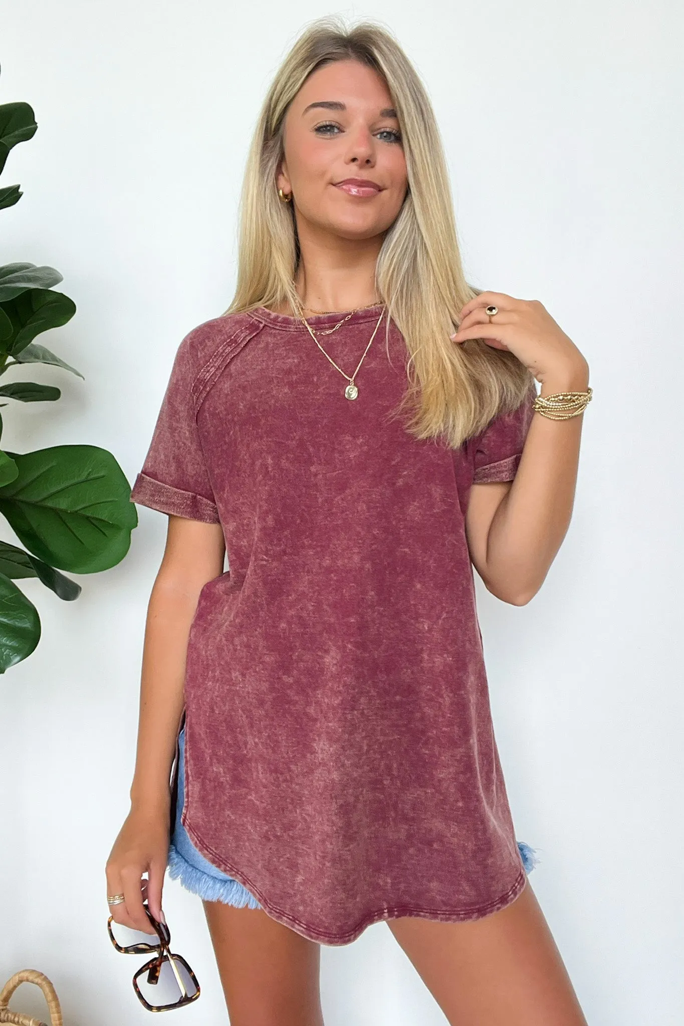 Ashlie Acid Wash Rolled Sleeve Top - BACK IN STOCK