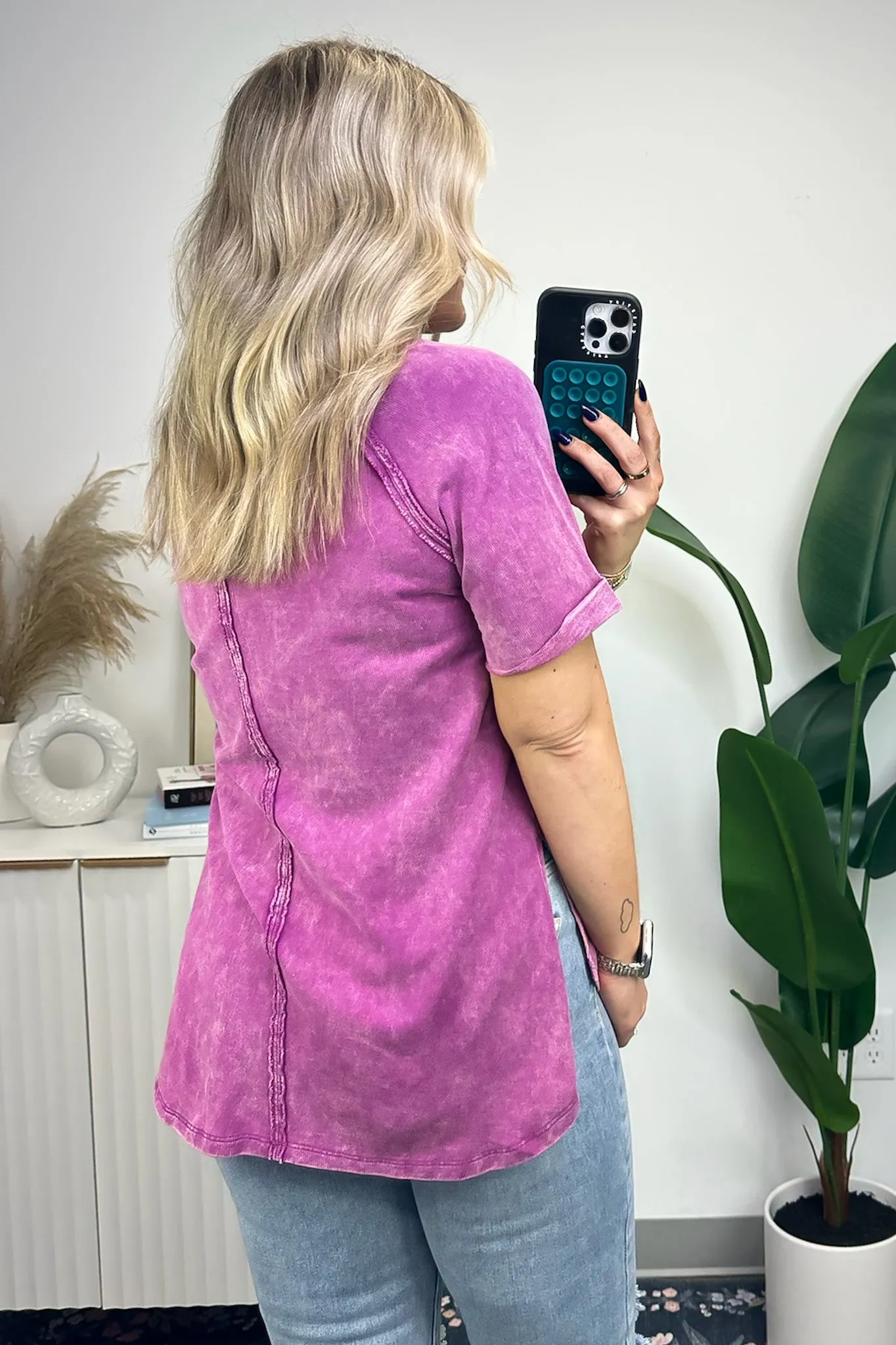 Ashlie Acid Wash Rolled Sleeve Top - BACK IN STOCK