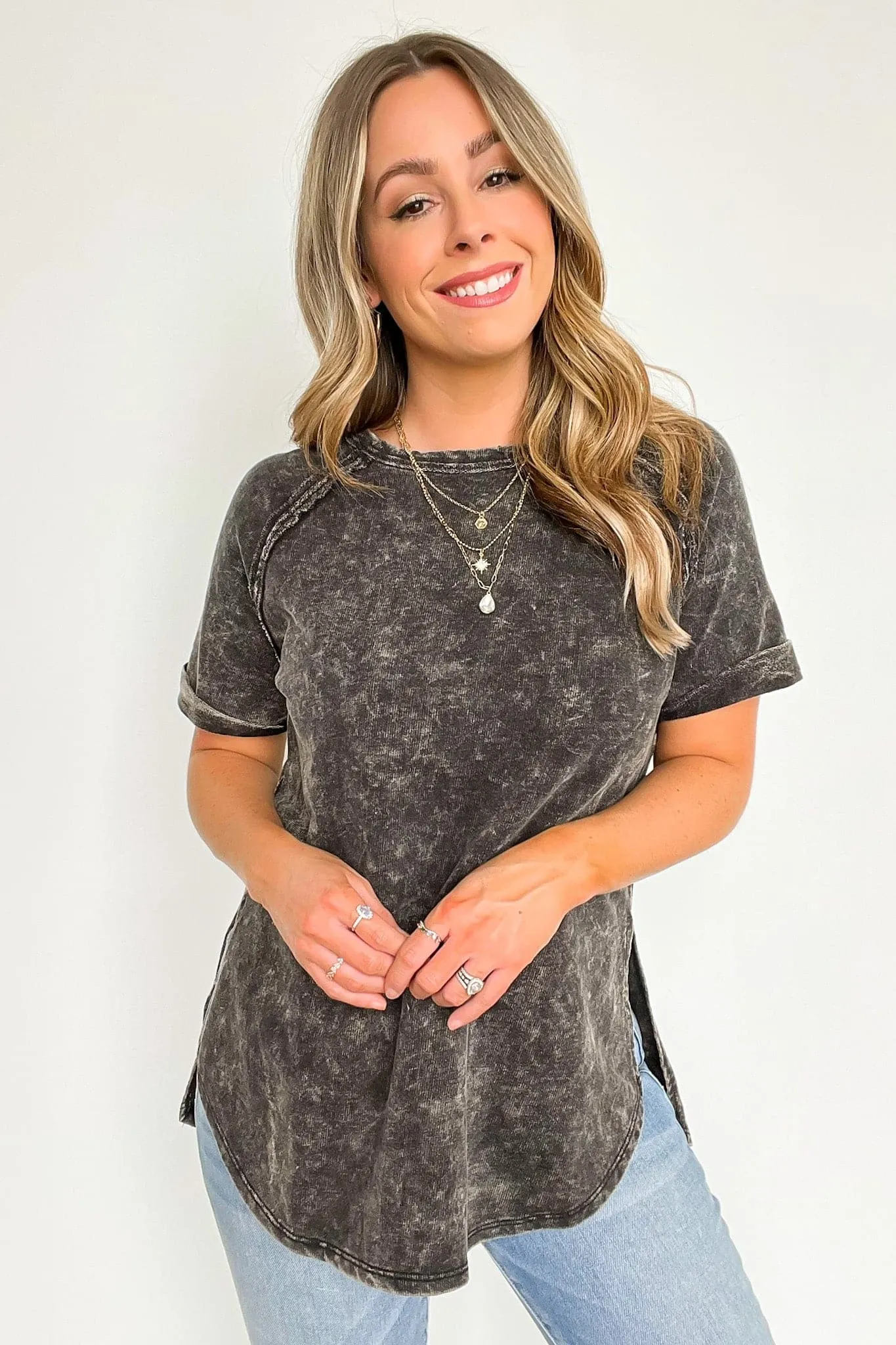 Ashlie Acid Wash Rolled Sleeve Top - BACK IN STOCK