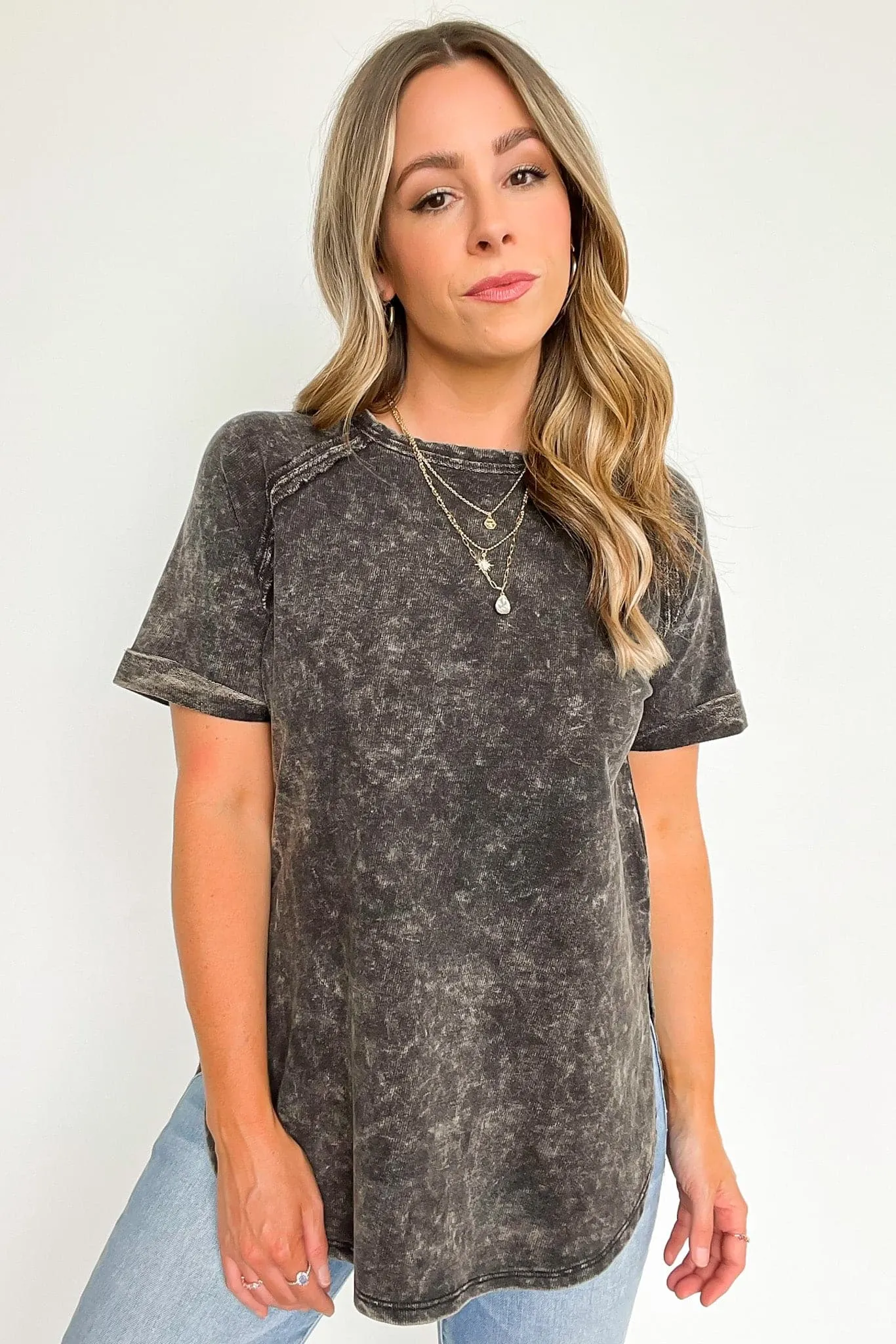 Ashlie Acid Wash Rolled Sleeve Top - BACK IN STOCK