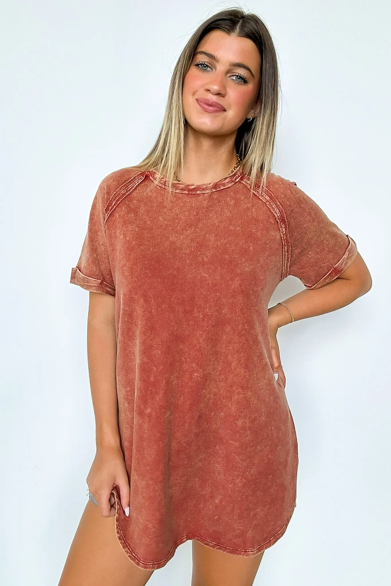 Ashlie Acid Wash Rolled Sleeve Top - BACK IN STOCK