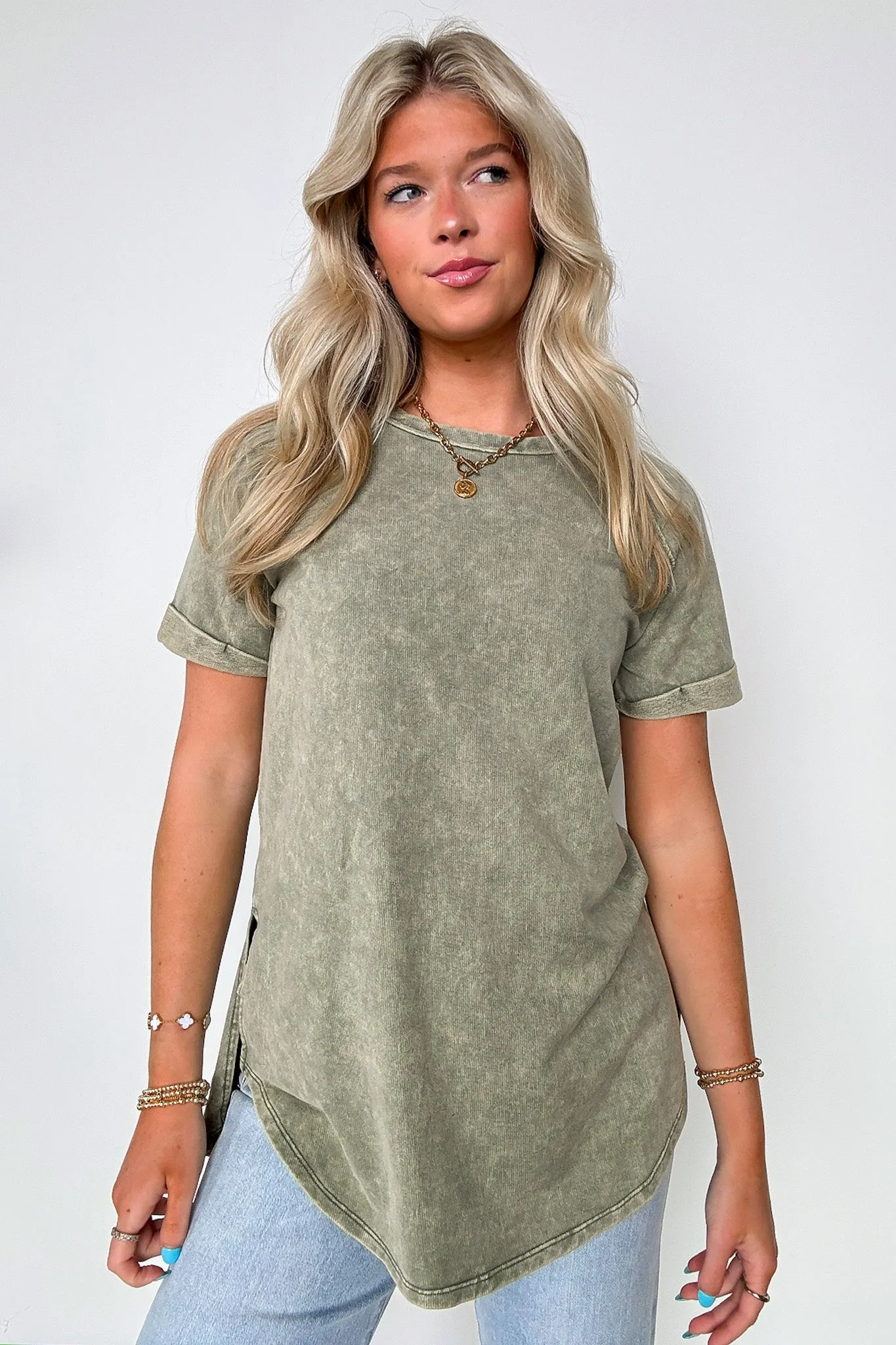 Ashlie Acid Wash Rolled Sleeve Top - BACK IN STOCK