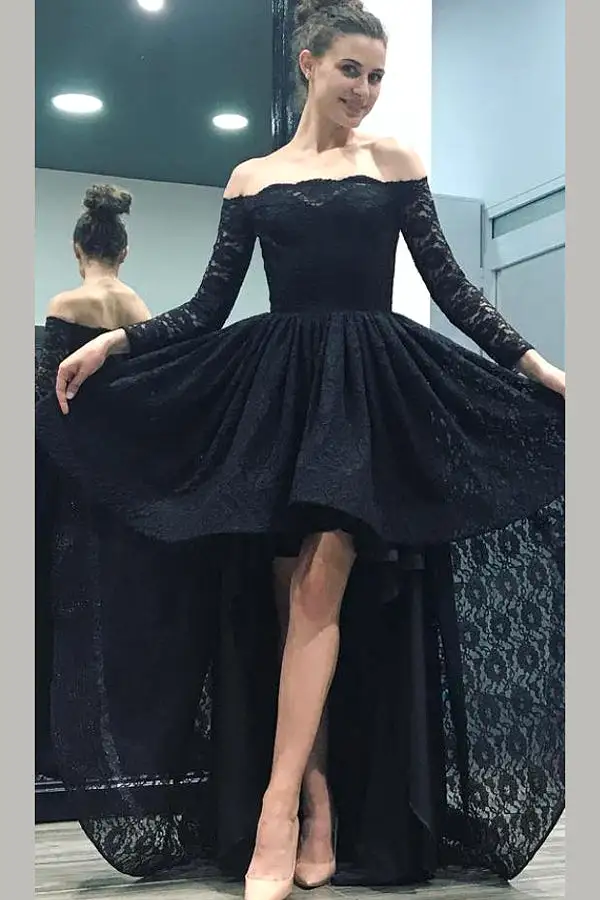 Black A Line Asymmetrical Long Sleeve Mid Back Lace Long Prom Dresses