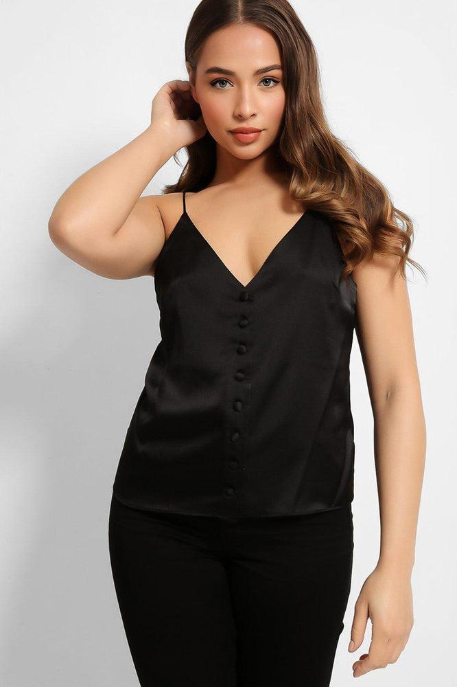 Black Button Details V-Neck Satin Cami Top