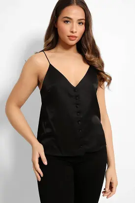 Black Button Details V-Neck Satin Cami Top