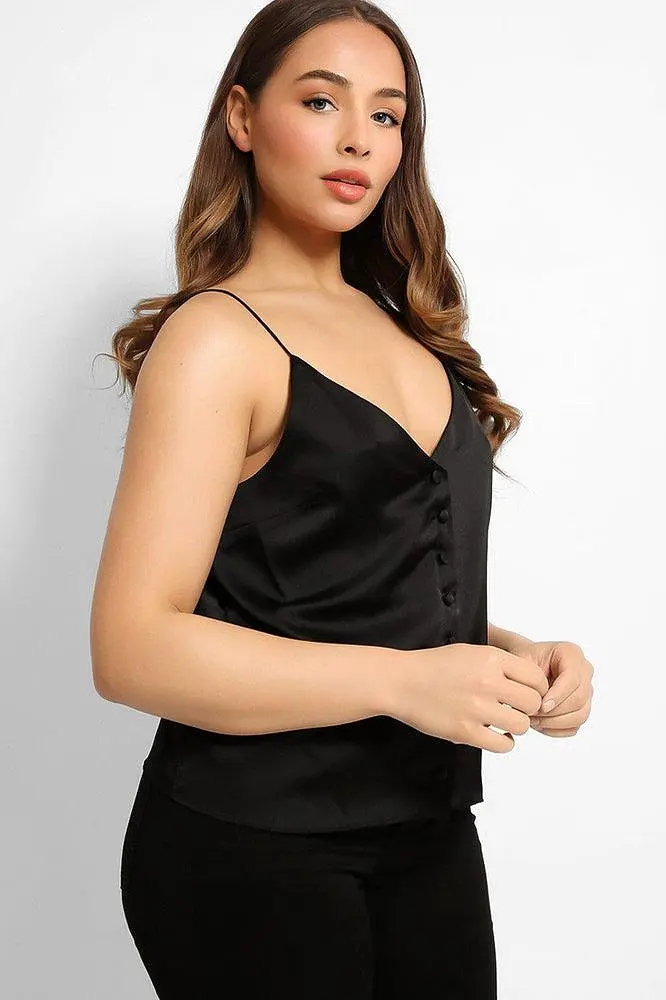 Black Button Details V-Neck Satin Cami Top