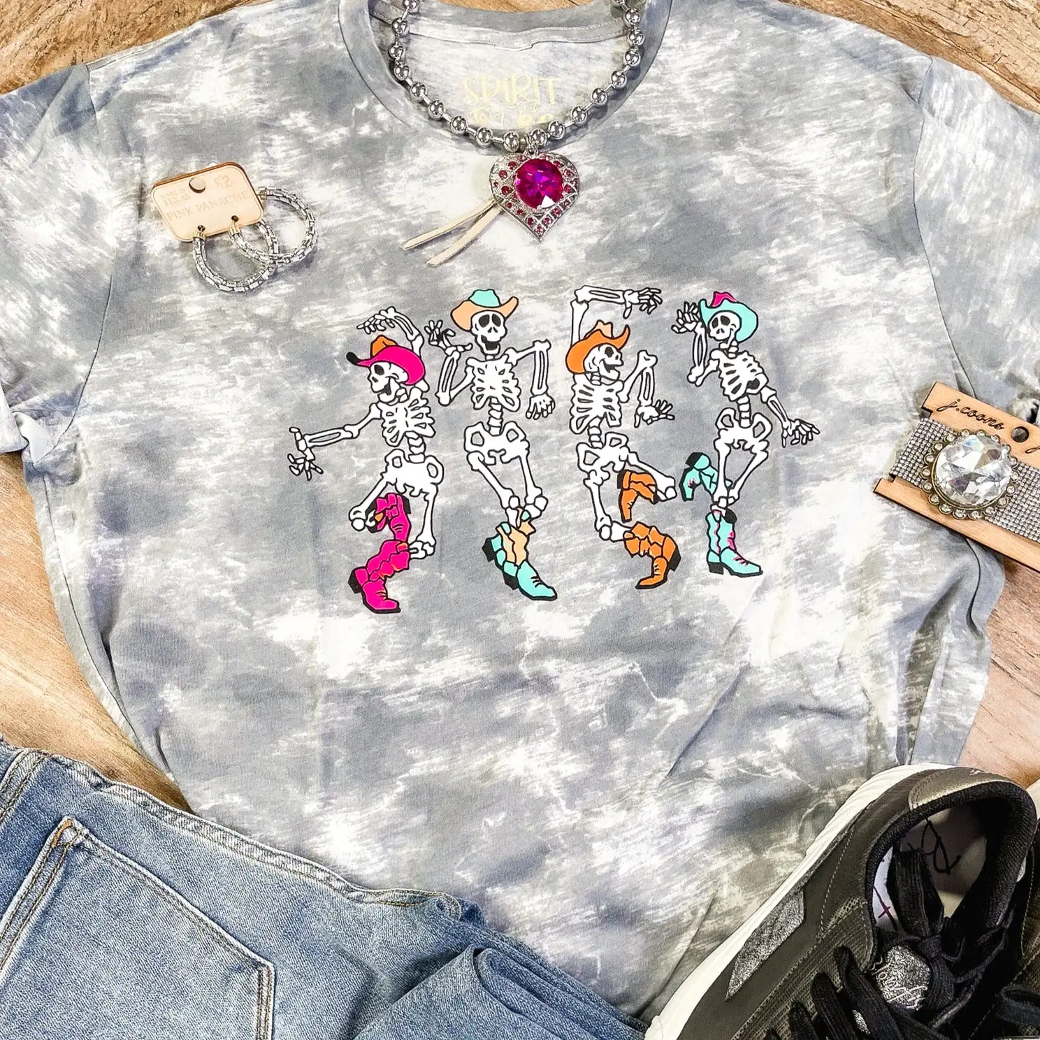 Boot Scootin Skeleton Acid Wash Graphic Tee