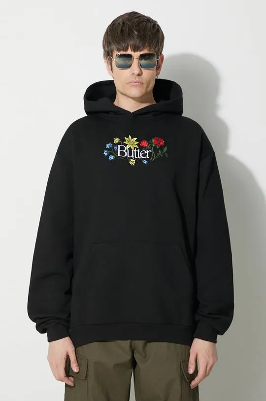 Butter Goods sweatshirt Floral Embroidered Pullover Hood men's black color BGQ423D11404