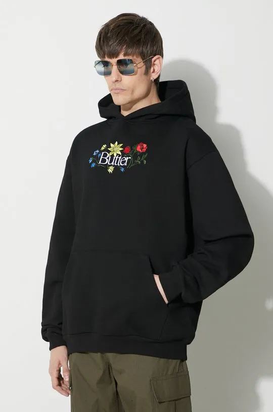 Butter Goods sweatshirt Floral Embroidered Pullover Hood men's black color BGQ423D11404