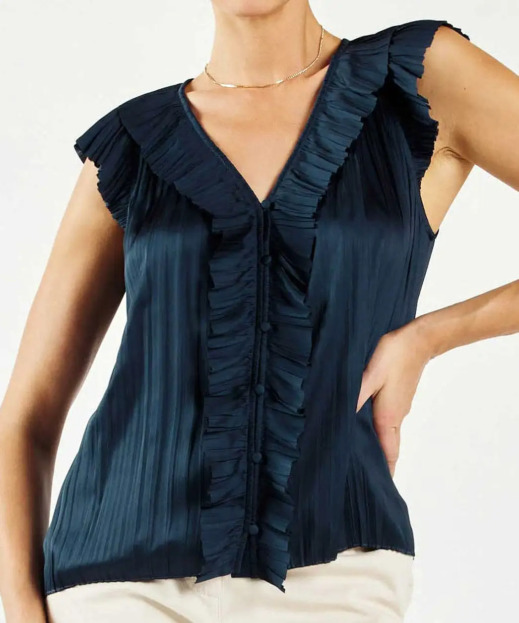 Button Front Pleated Blouse - Navy