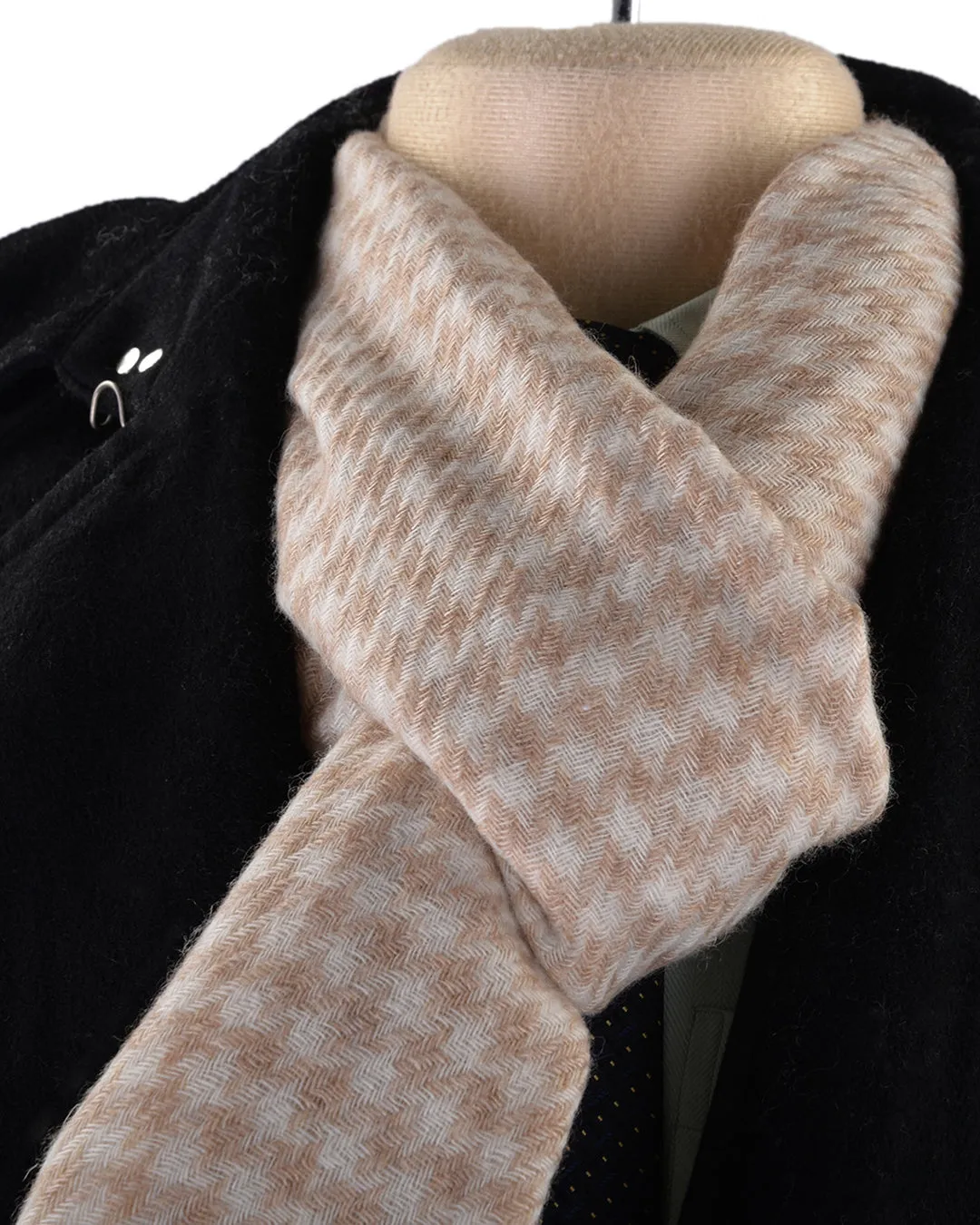 Cashmere Wool Scarf Tan Cream Checks Twill