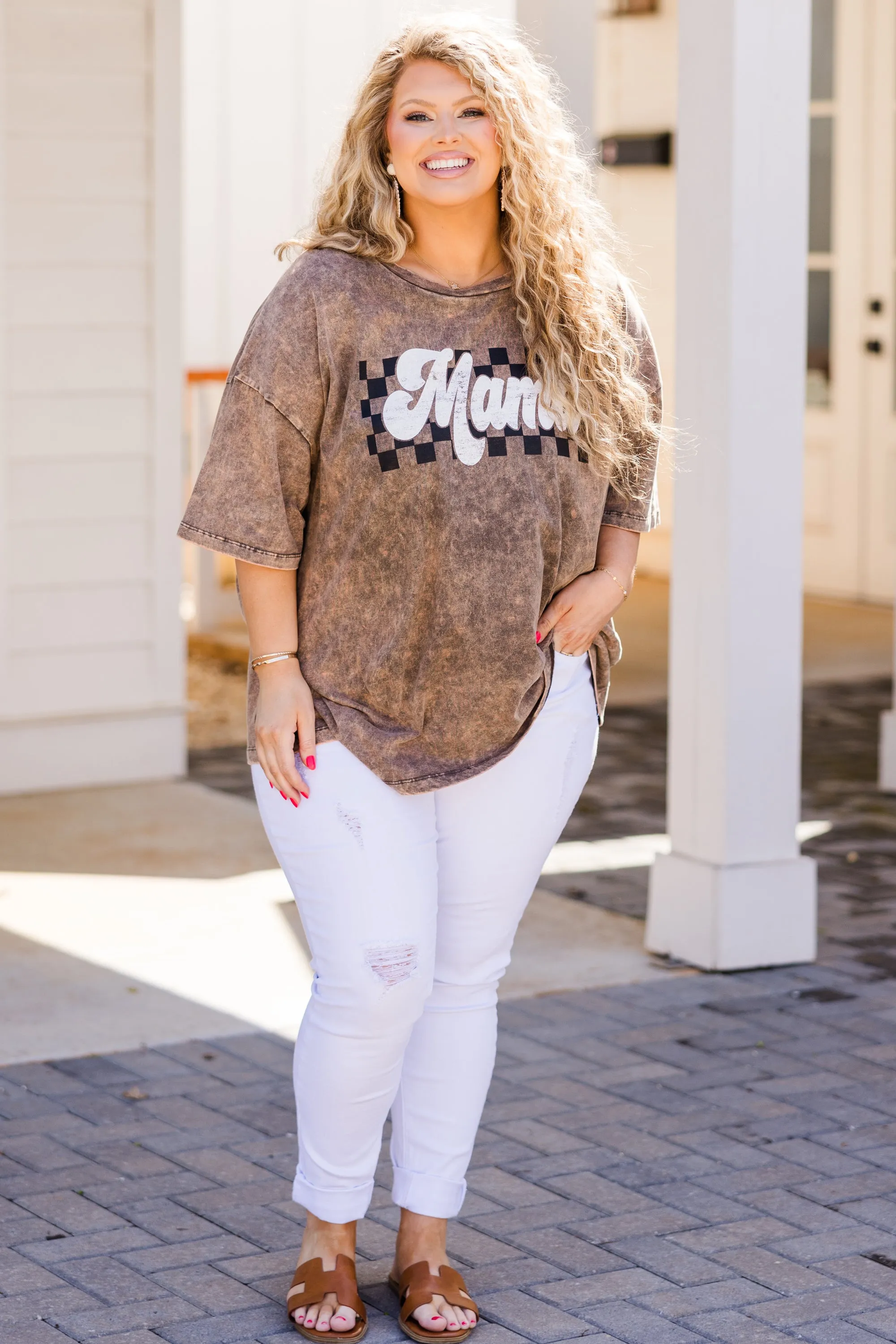 Checkered Mama Acid Wash Boyfriend Tee, Rust Brown