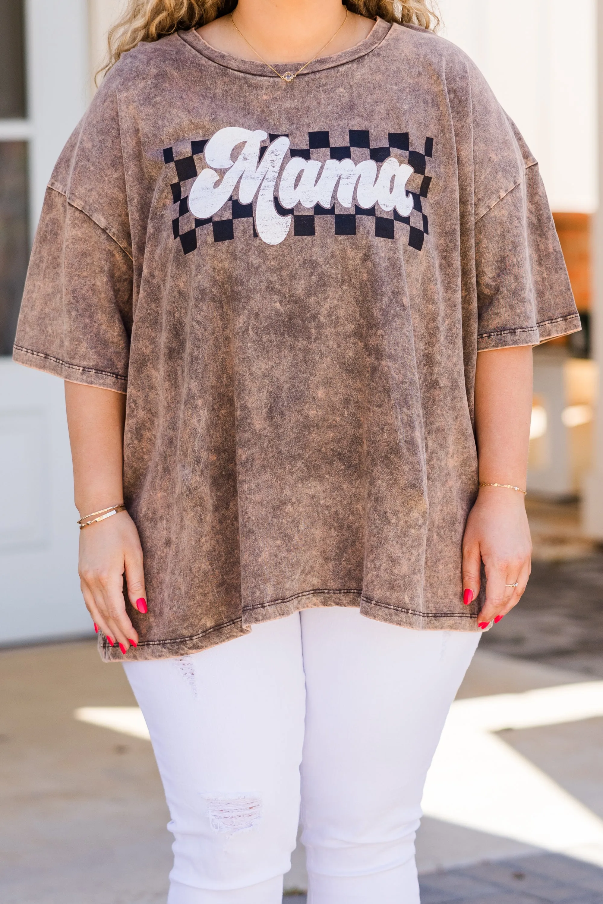 Checkered Mama Acid Wash Boyfriend Tee, Rust Brown