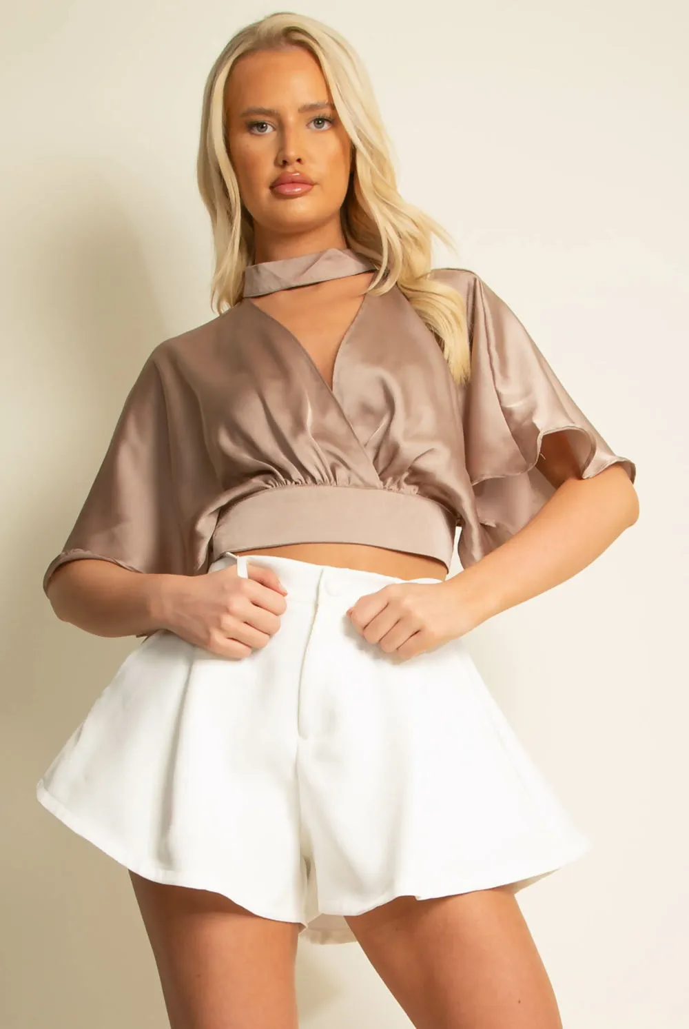 Choker Neck Satin Floaty Tie Back Top In Nude