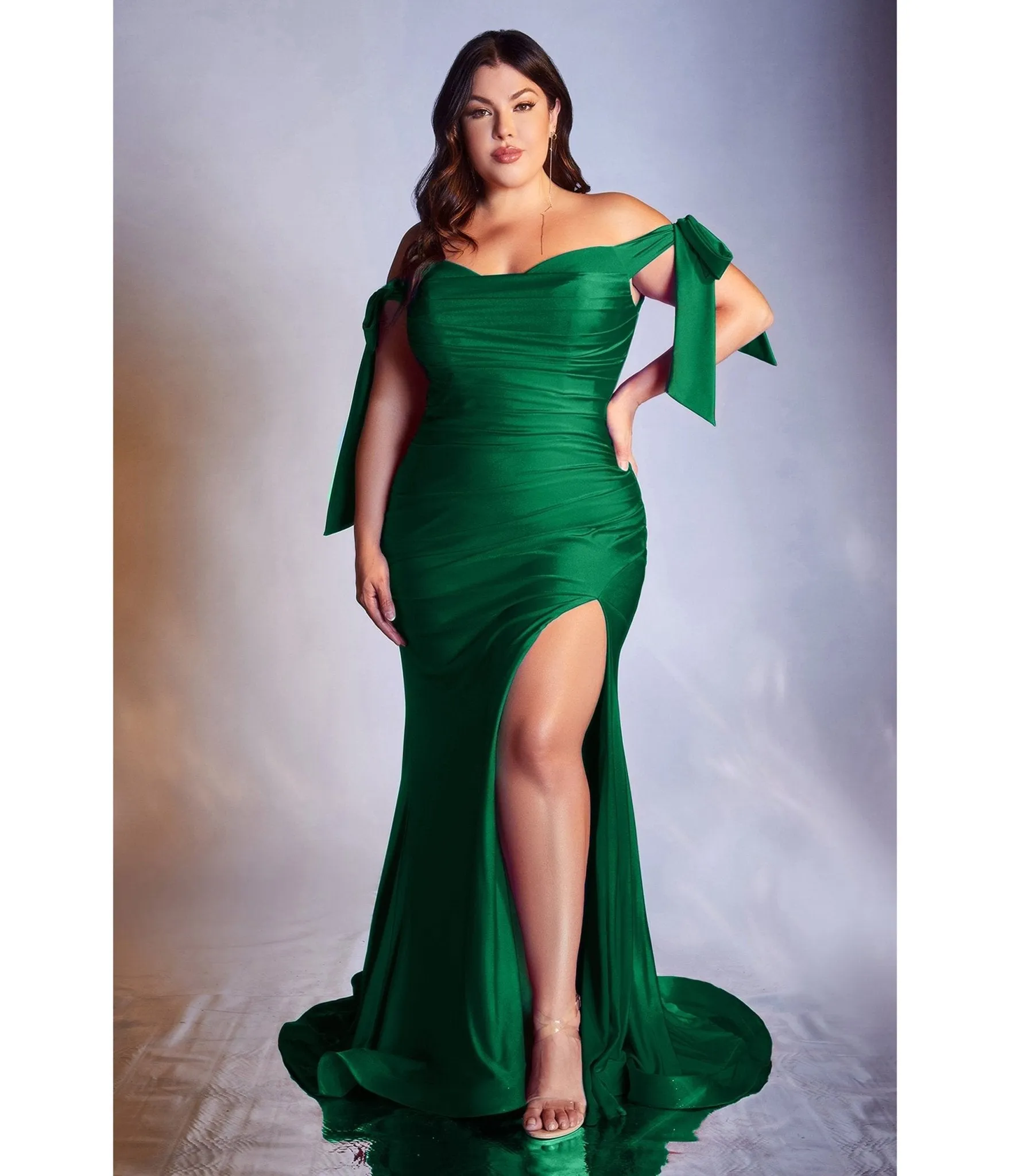 Cinderella Divine  Plus Size Emerald Off The Shoulder Tie Bridesmaid Gown