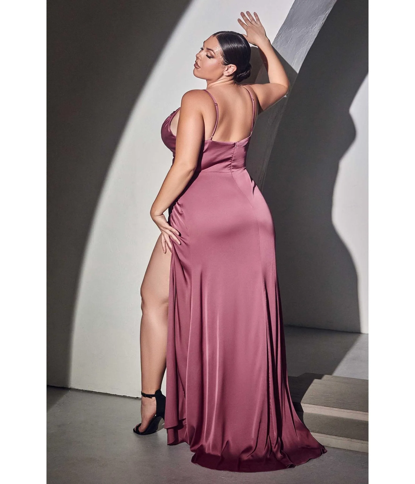 Cinderella Divine Plus Size Mauve Rose Ruched Satin Mystique Prom Gown