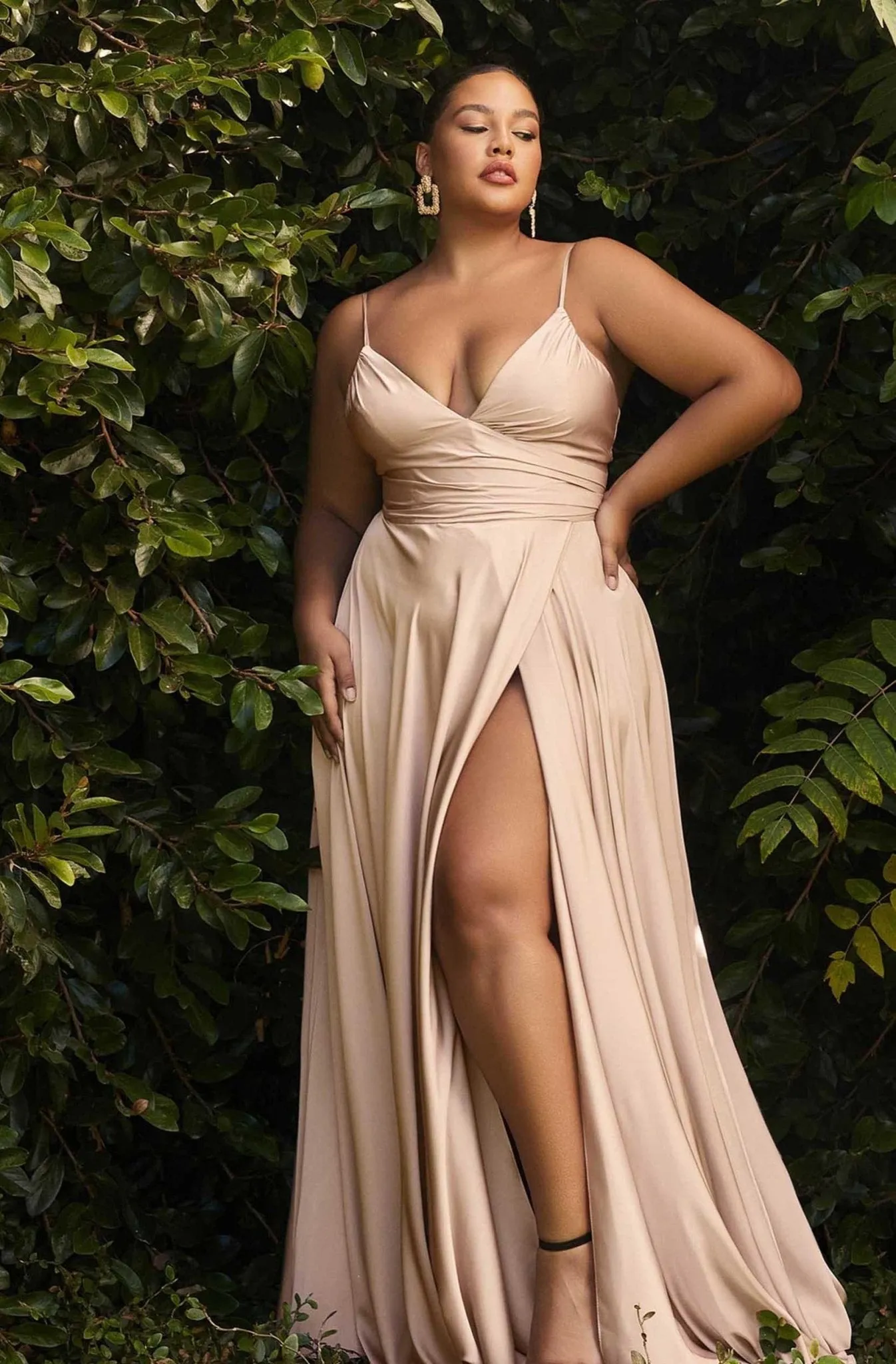 Cinderella Divine  Plus Size Nude Ruched Satin Mystique Prom Gown