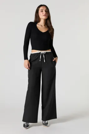 Contrast Waistband Wide Leg Dress Pant