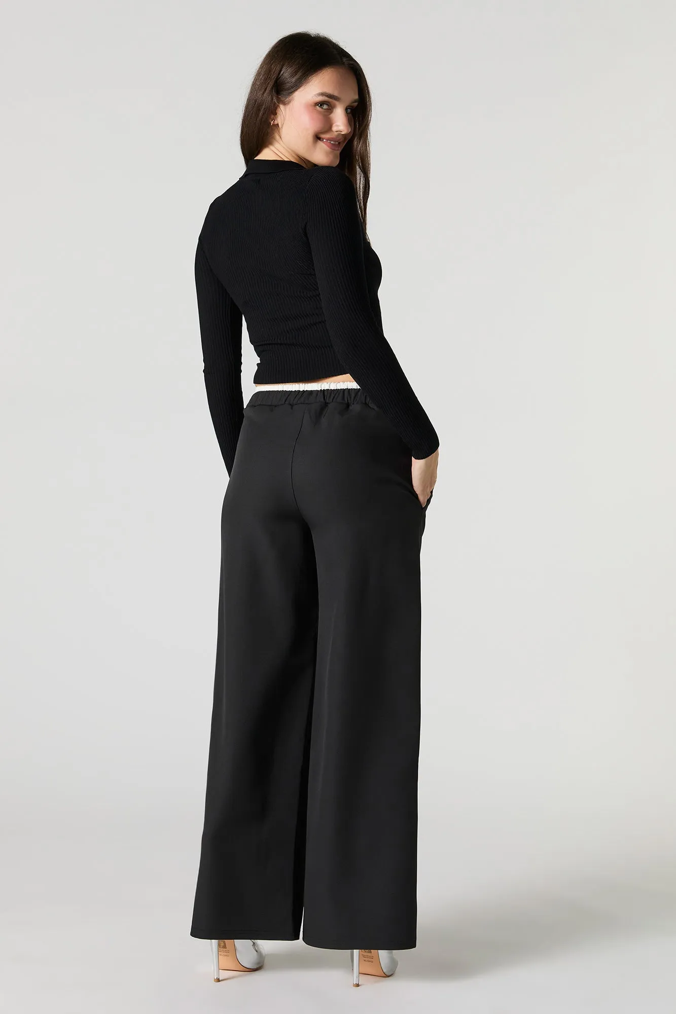 Contrast Waistband Wide Leg Dress Pant