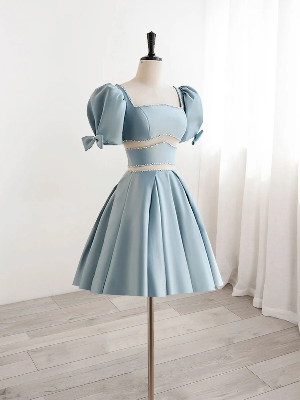 Cute Light Blue Satin Square Neck Short Formal Dress Homecoming Dress