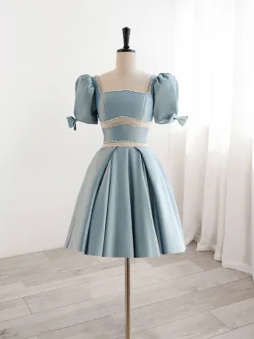 Cute Light Blue Satin Square Neck Short Formal Dress Homecoming Dress