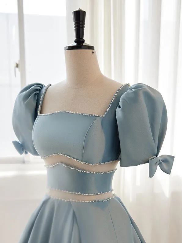 Cute Light Blue Satin Square Neck Short Formal Dress Homecoming Dress