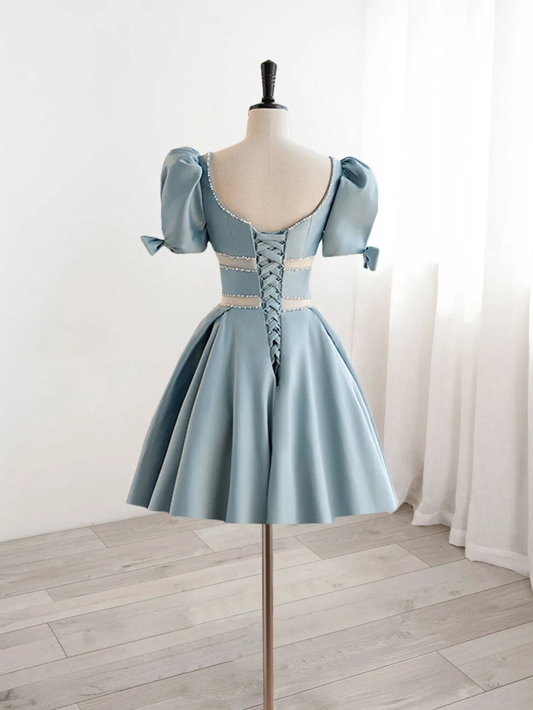 Cute Light Blue Satin Square Neck Short Formal Dress Homecoming Dress