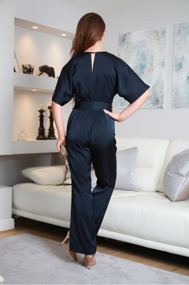 Double Second Navy Satin V-neck Jumpsuit