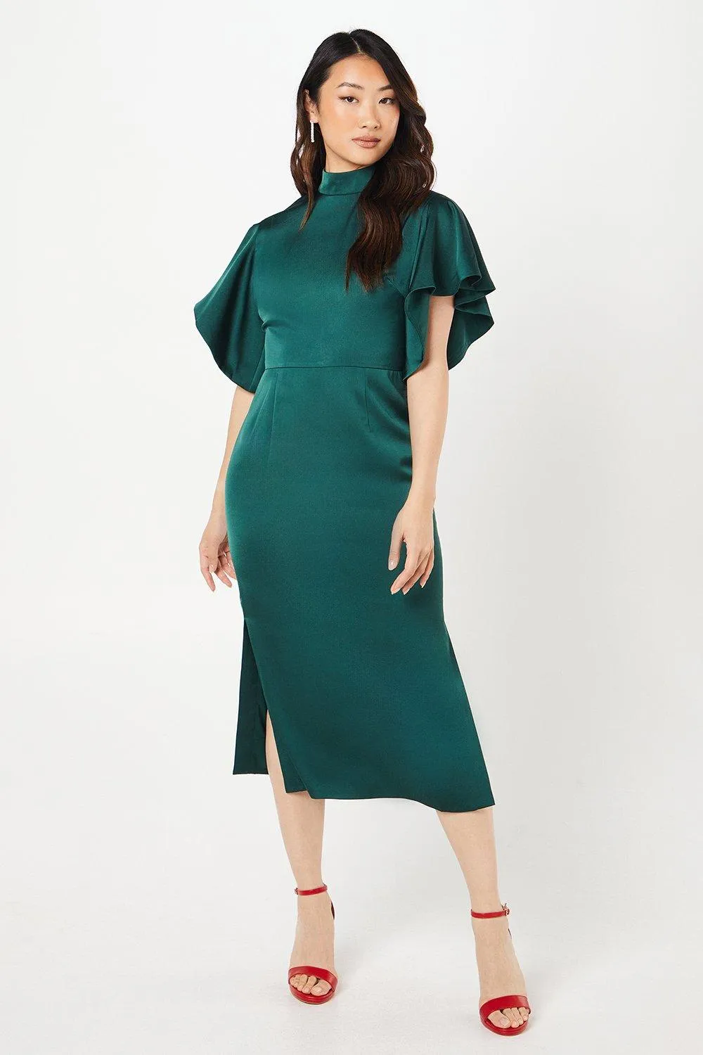 Drape Sleeve High Neck Satin Midi Dress - Green