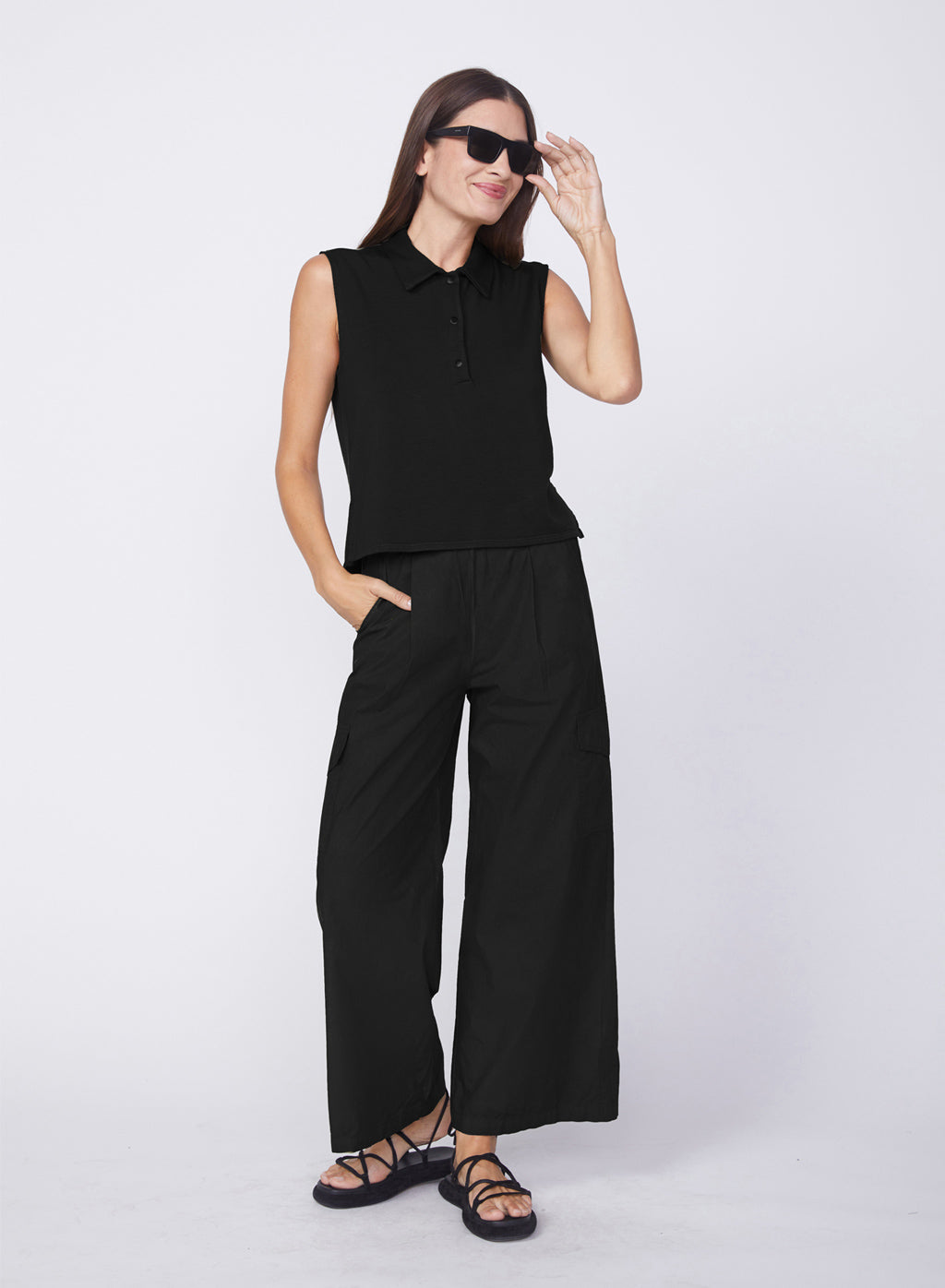 Fine Poplin Wide Leg Cargo Pant in Black