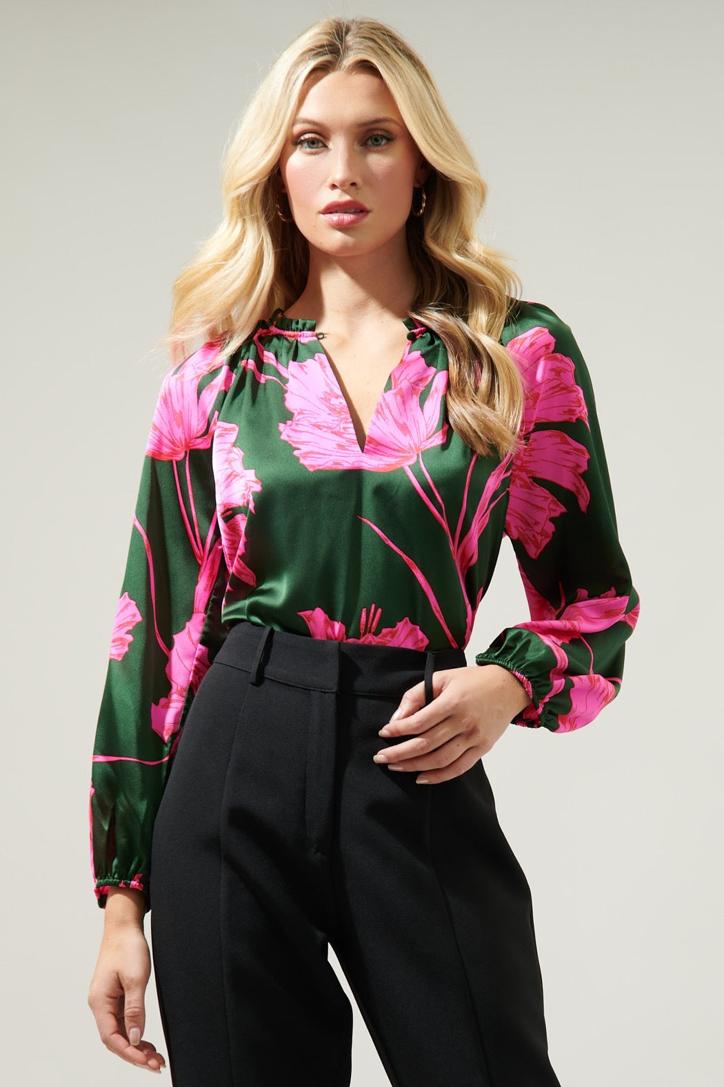 Floral Split Neck Satin Blouse- Emerald/Fuchsia