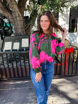 Floral Split Neck Satin Blouse- Emerald/Fuchsia