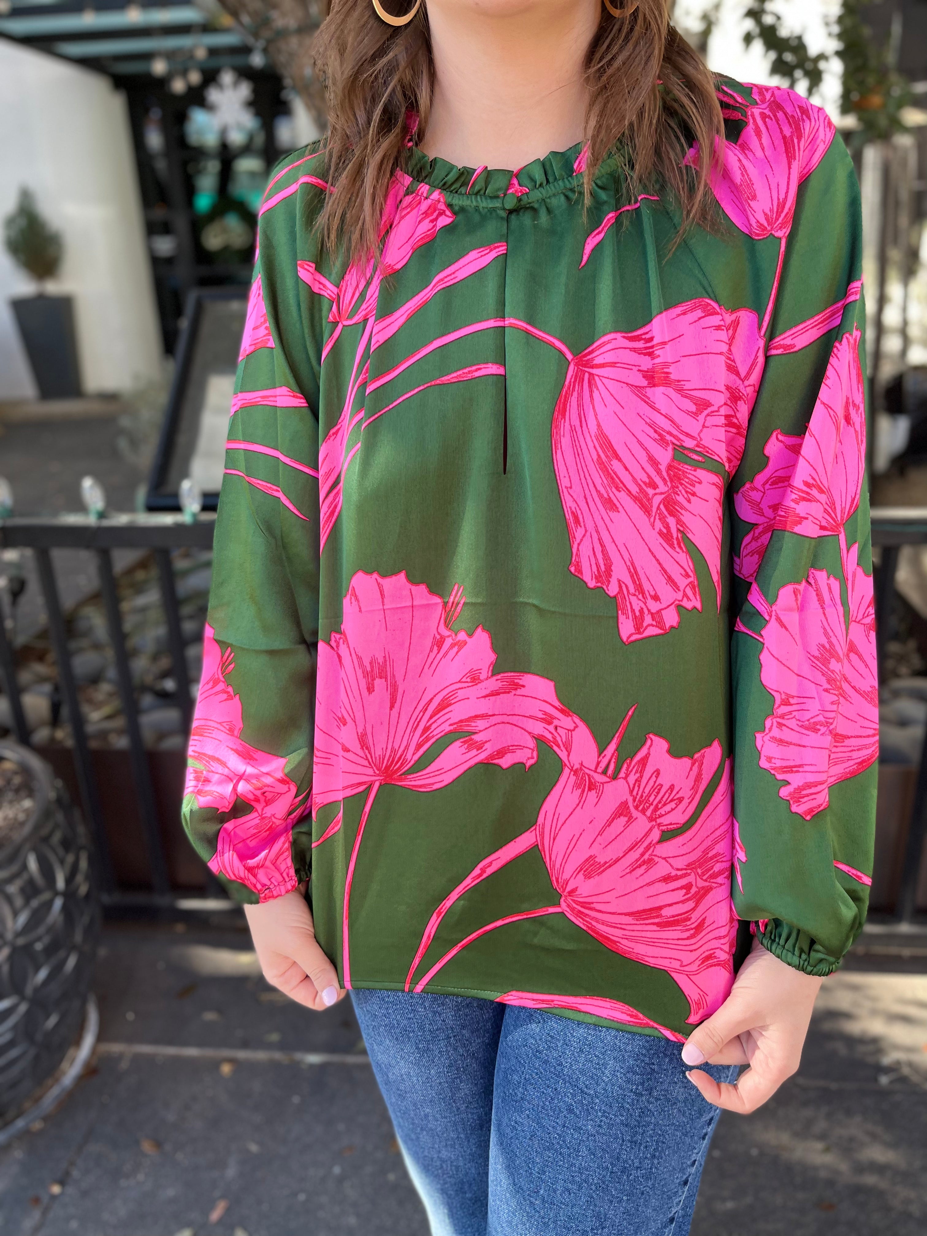 Floral Split Neck Satin Blouse- Emerald/Fuchsia