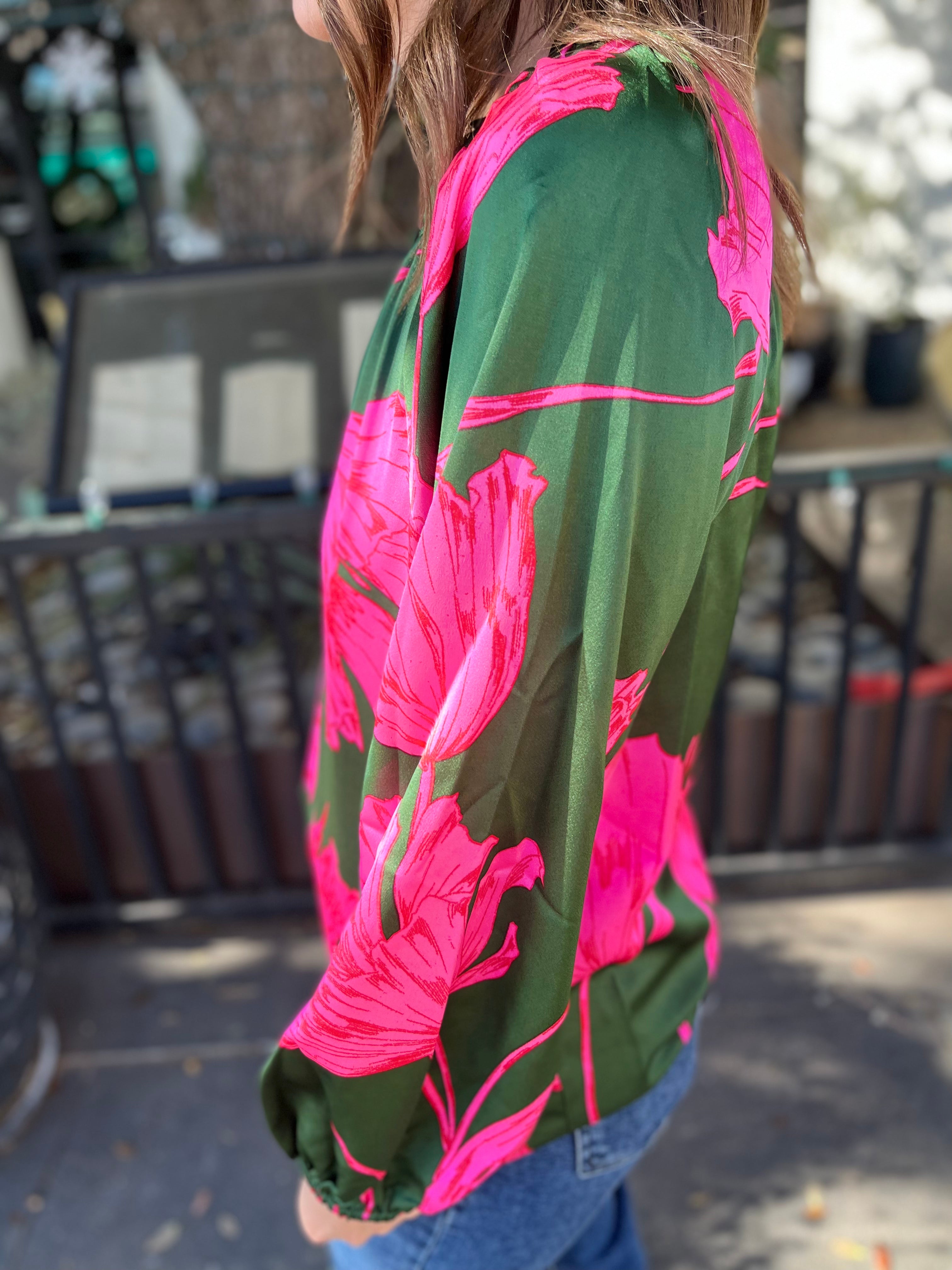 Floral Split Neck Satin Blouse- Emerald/Fuchsia