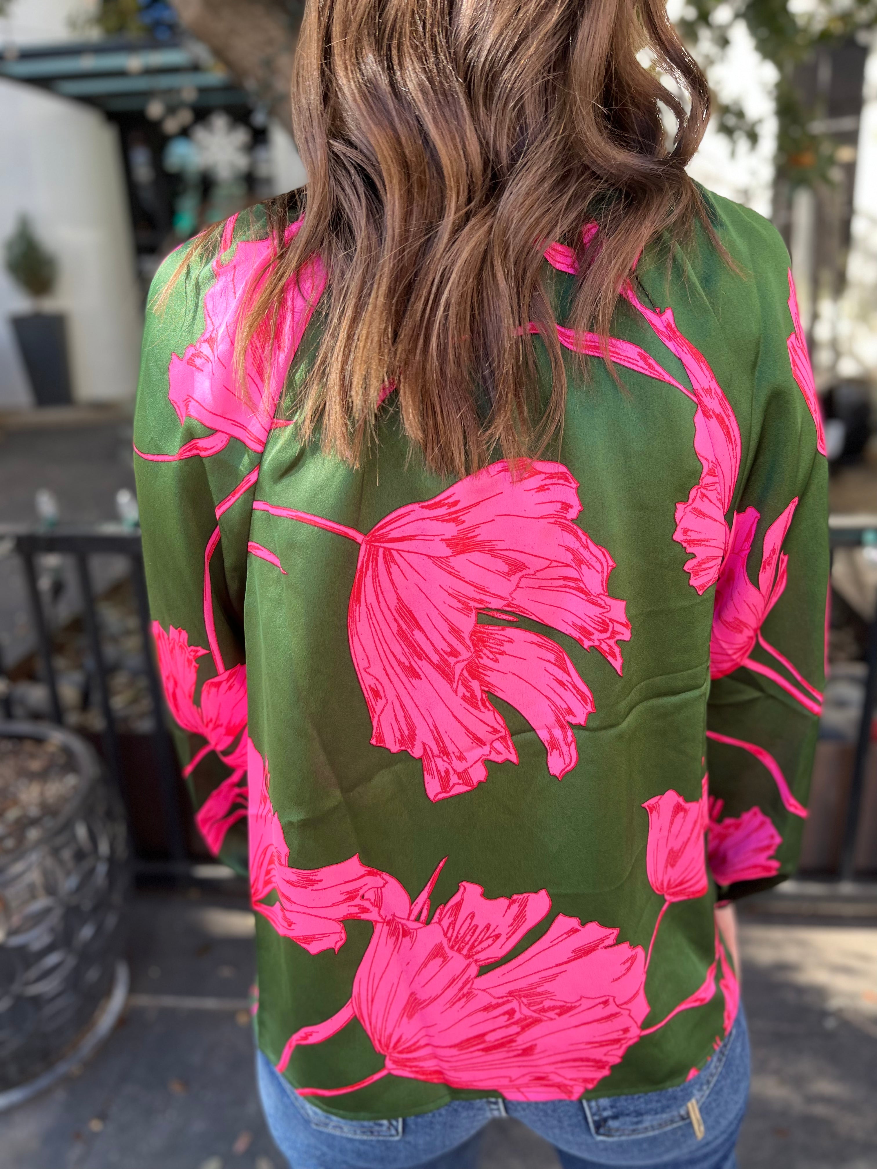 Floral Split Neck Satin Blouse- Emerald/Fuchsia