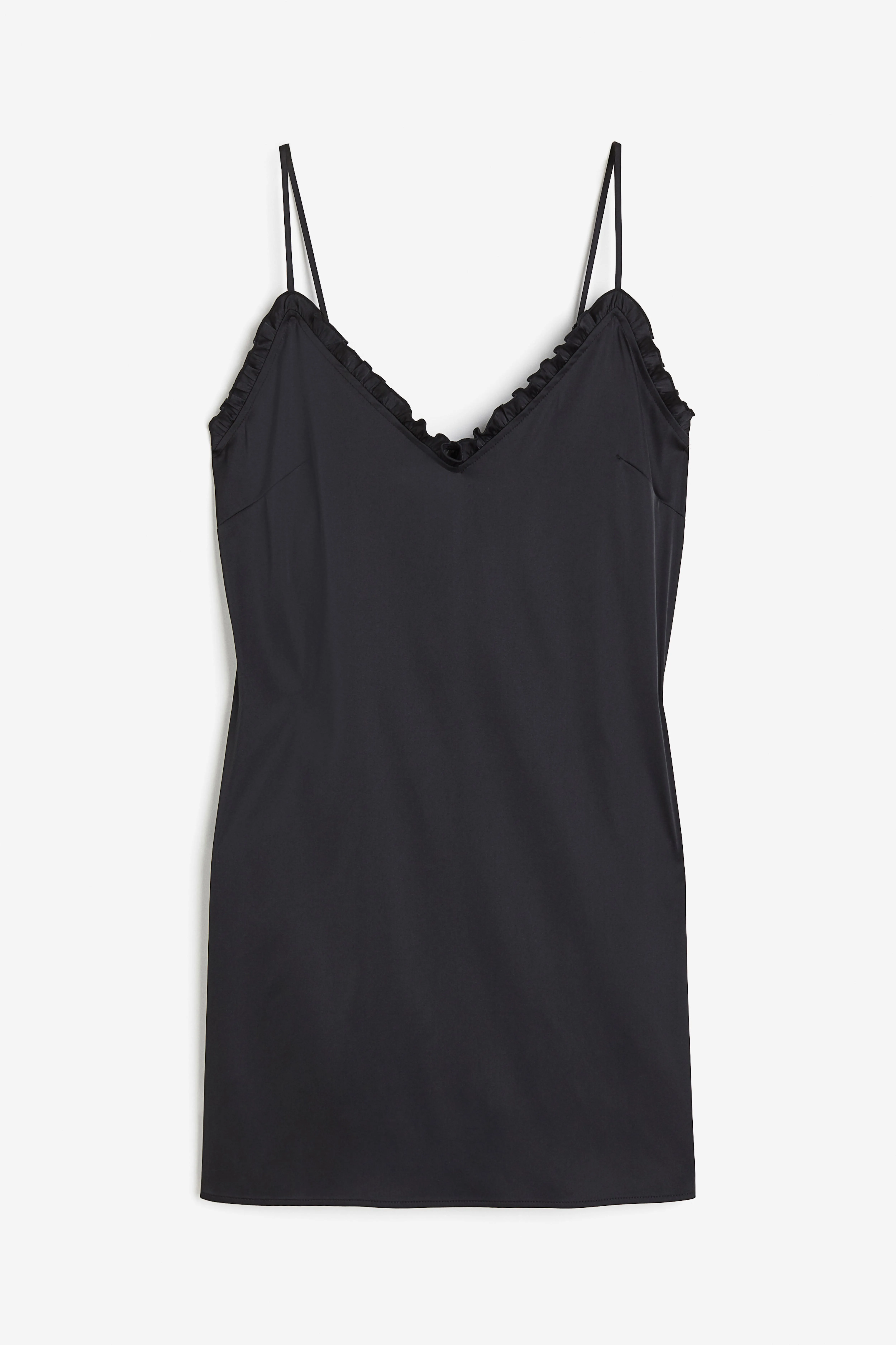 Frill-trimmed satin nightslip - V-neck - Sleeveless - Black - Ladies | H&M GB