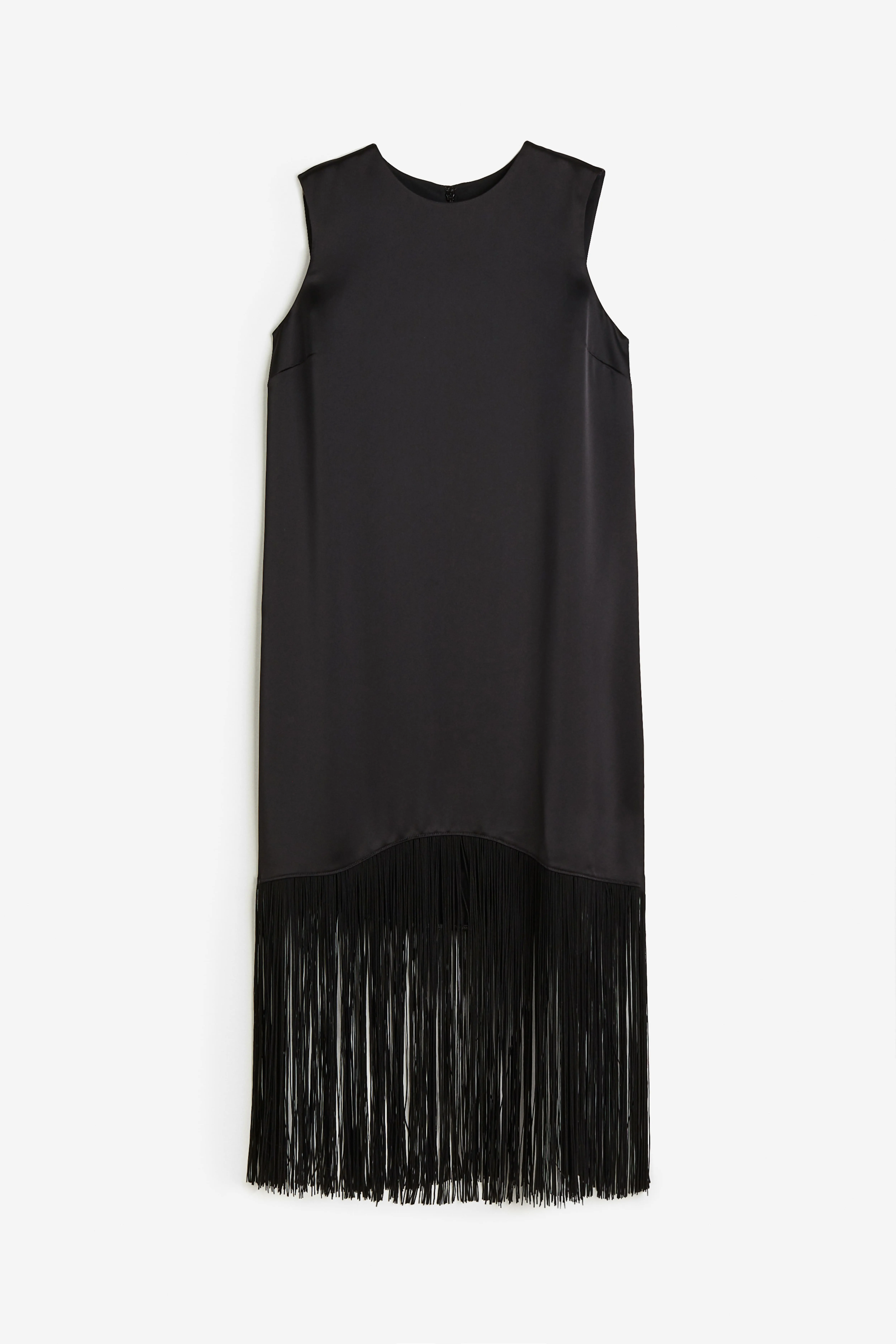 Fringe-trimmed satin dress - Round neck - Sleeveless - Black - Ladies | H&M GB