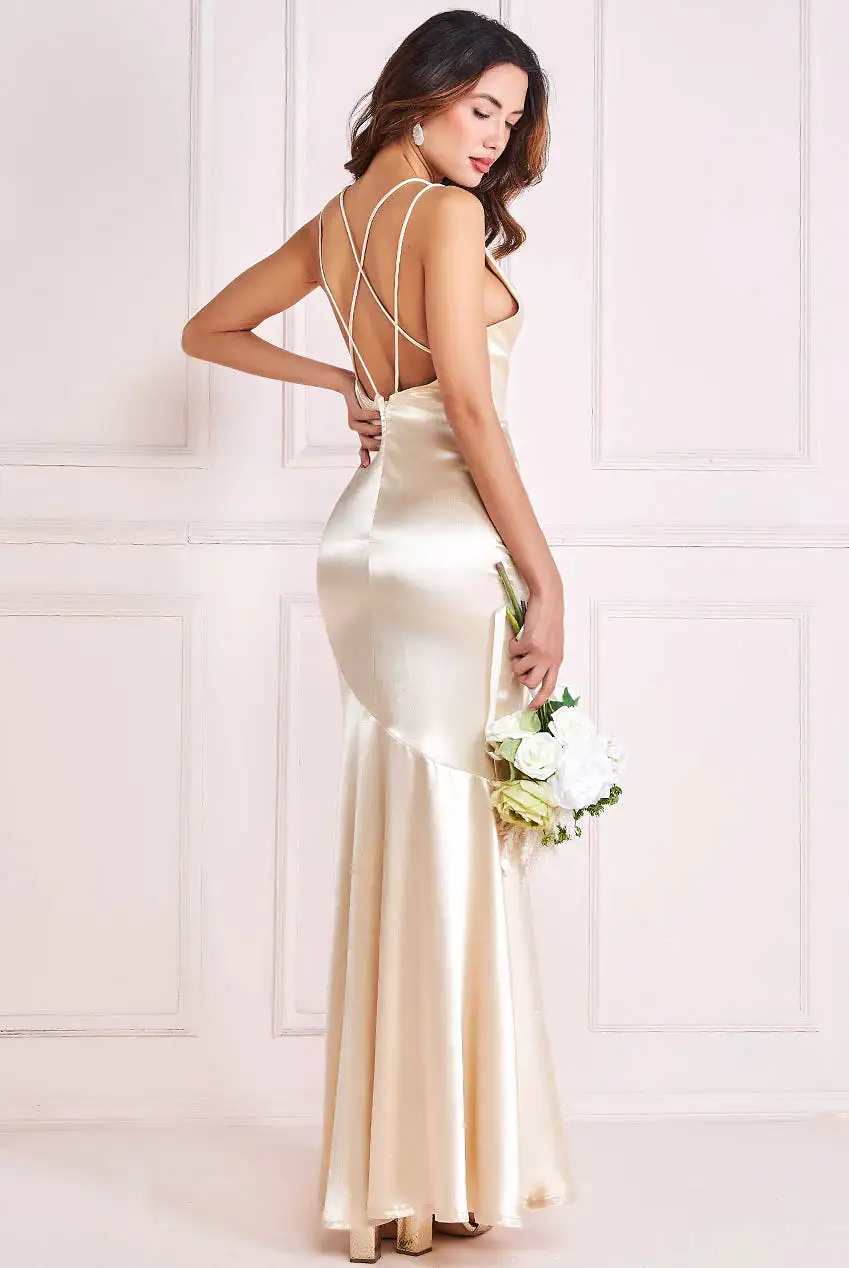 Goddiva Satin Cowl Neck With Strappy Back Maxi