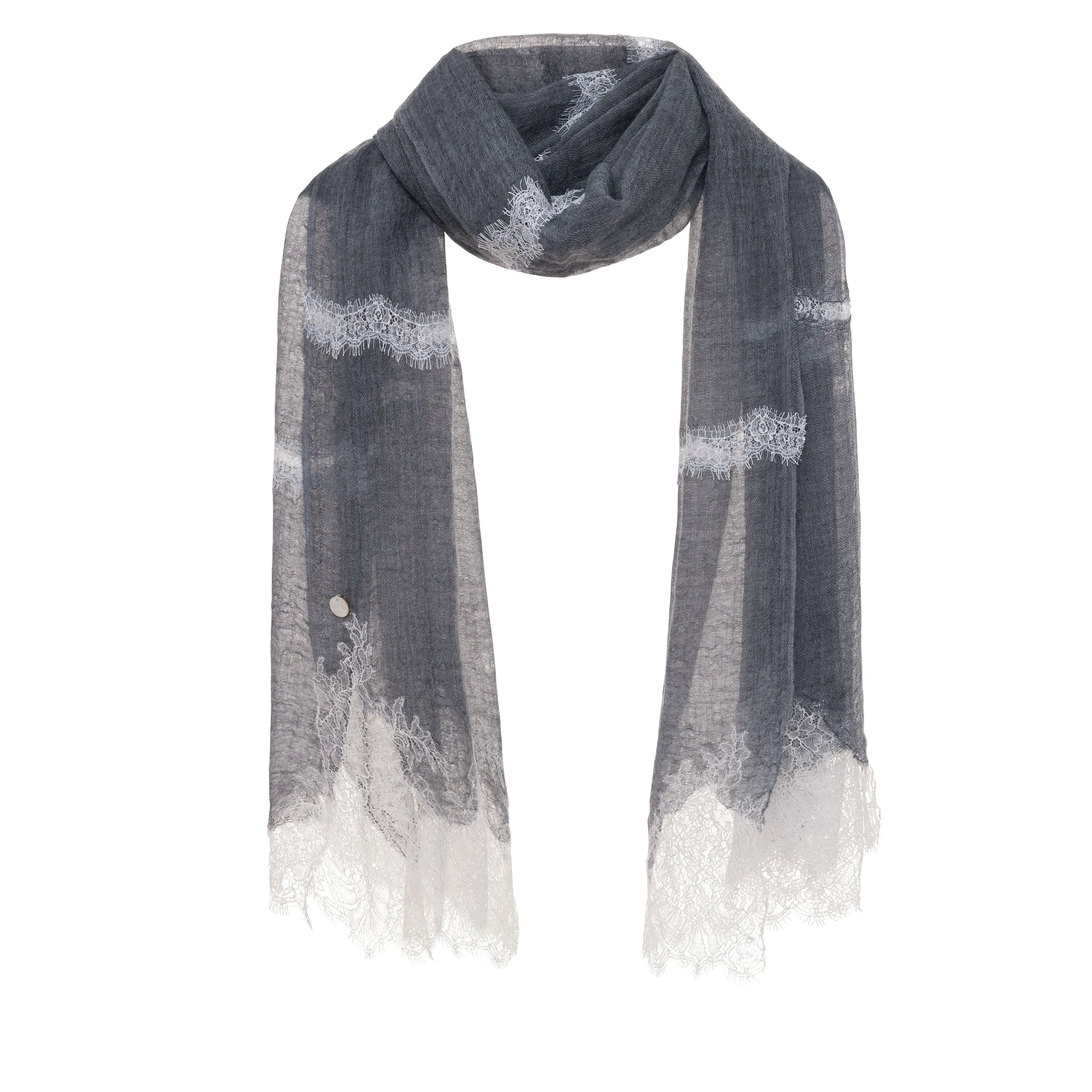 Hand Spun Cashmere Scarf with Lace - Denim