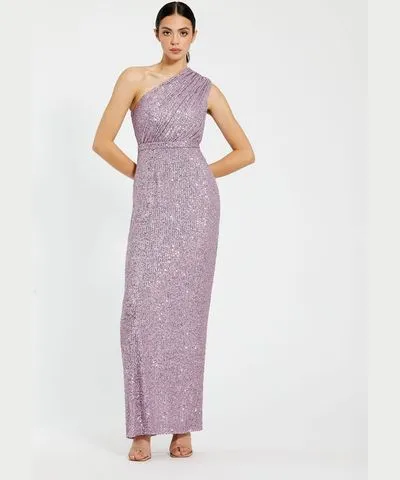 Ieena for Mac Duggal Plus Size Purple Sequined Ruched One Shoulder Wedding Guest Gown