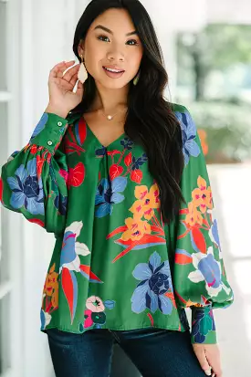 Just For You Green Floral Satin Blouse