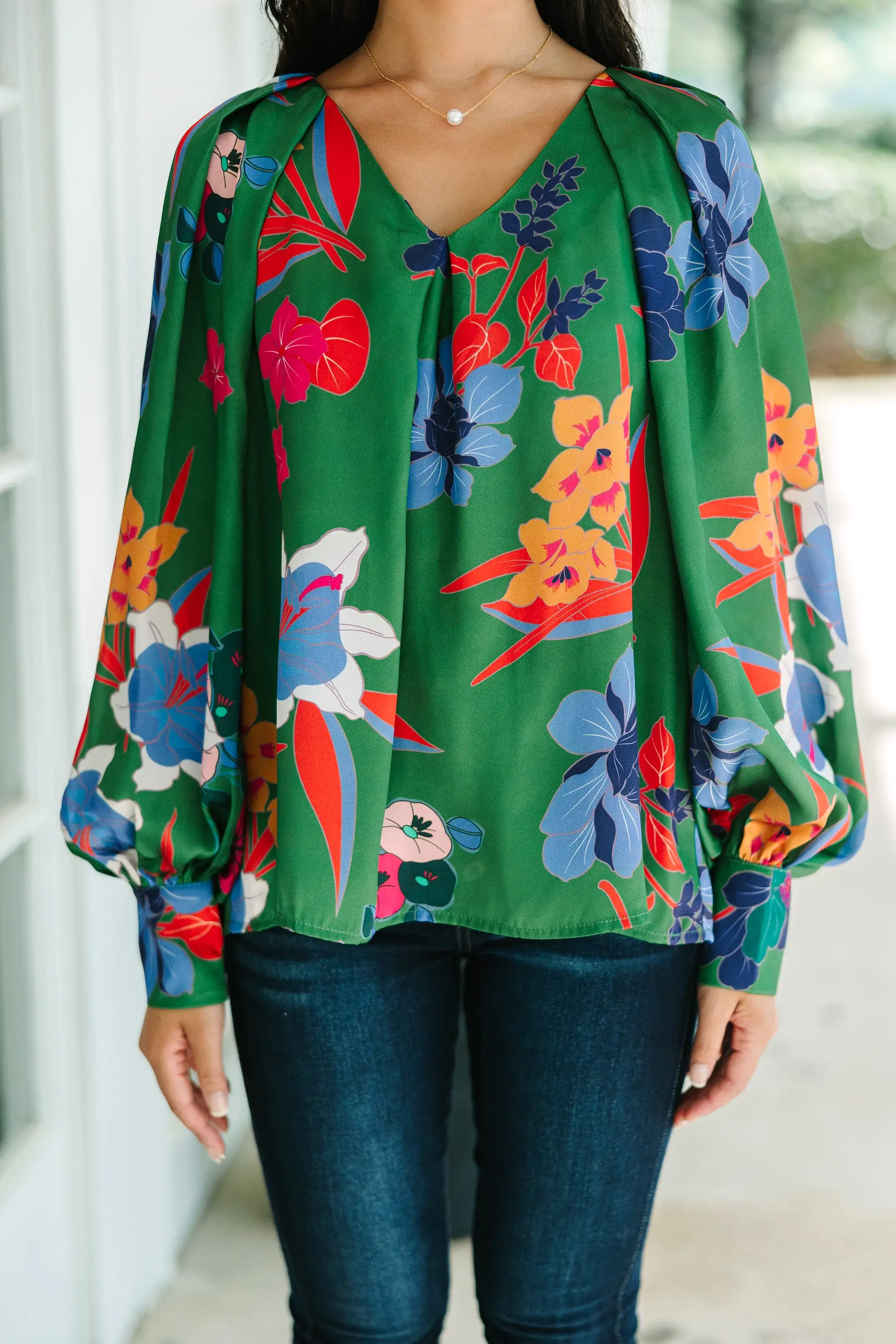 Just For You Green Floral Satin Blouse