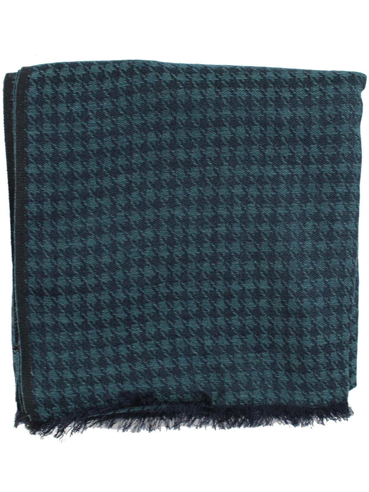 Kiton Cashmere Silk Scarf Petrol Blue Houndstooth Design