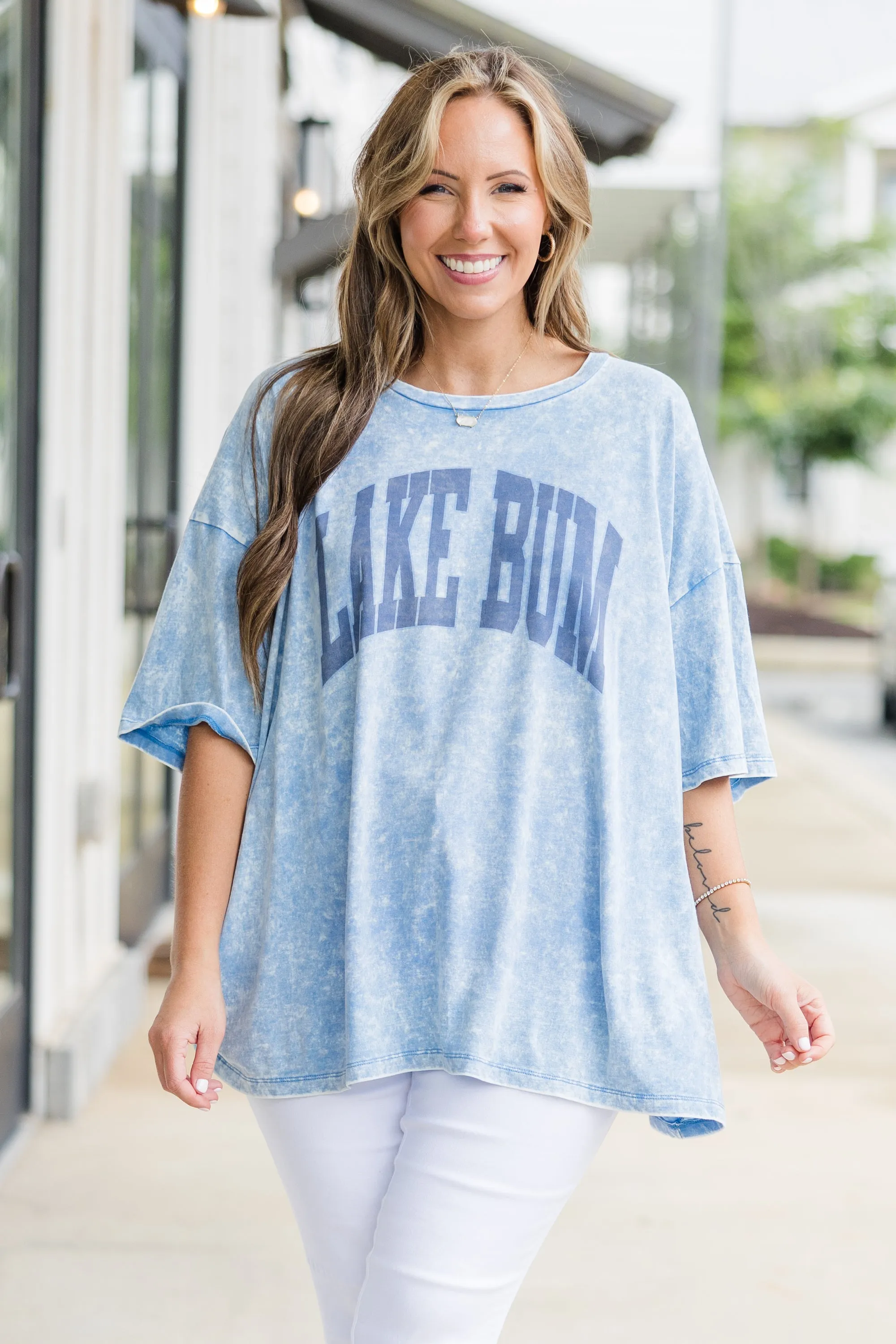 Lake Bum Acid Wash Boyfriend Tee, Deep Sky